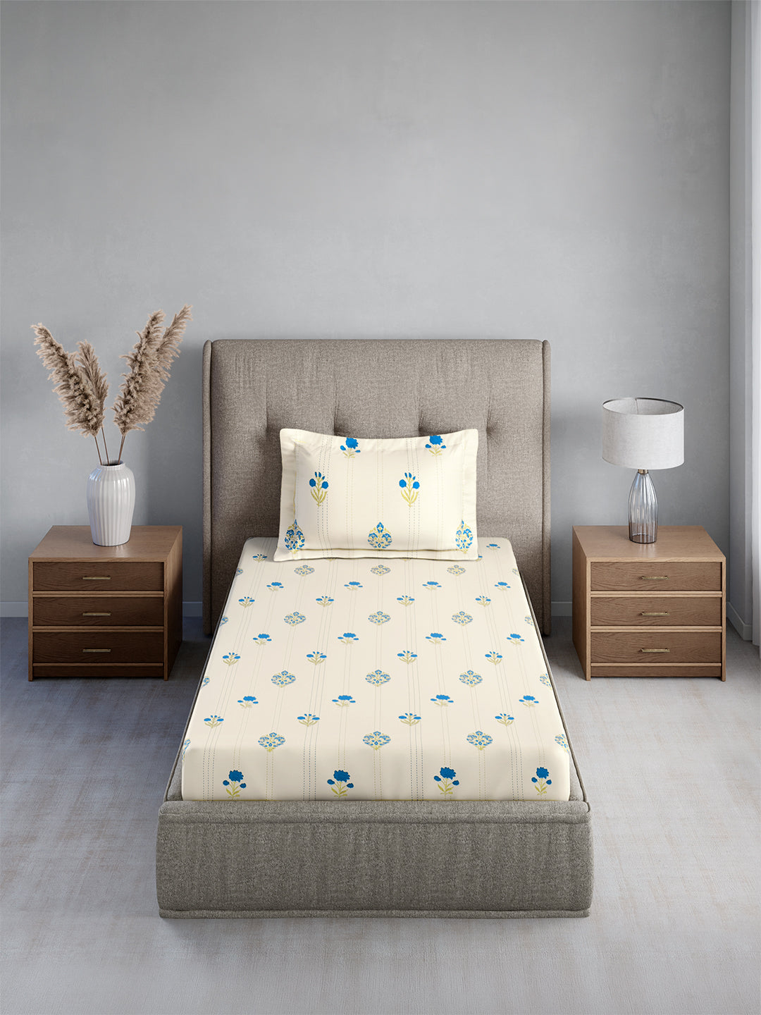 Cottage Garden 100% Cotton Single Bedsheet with 1 Pillow Cover | 300 TC White & Blue Floral Bedsheet Set