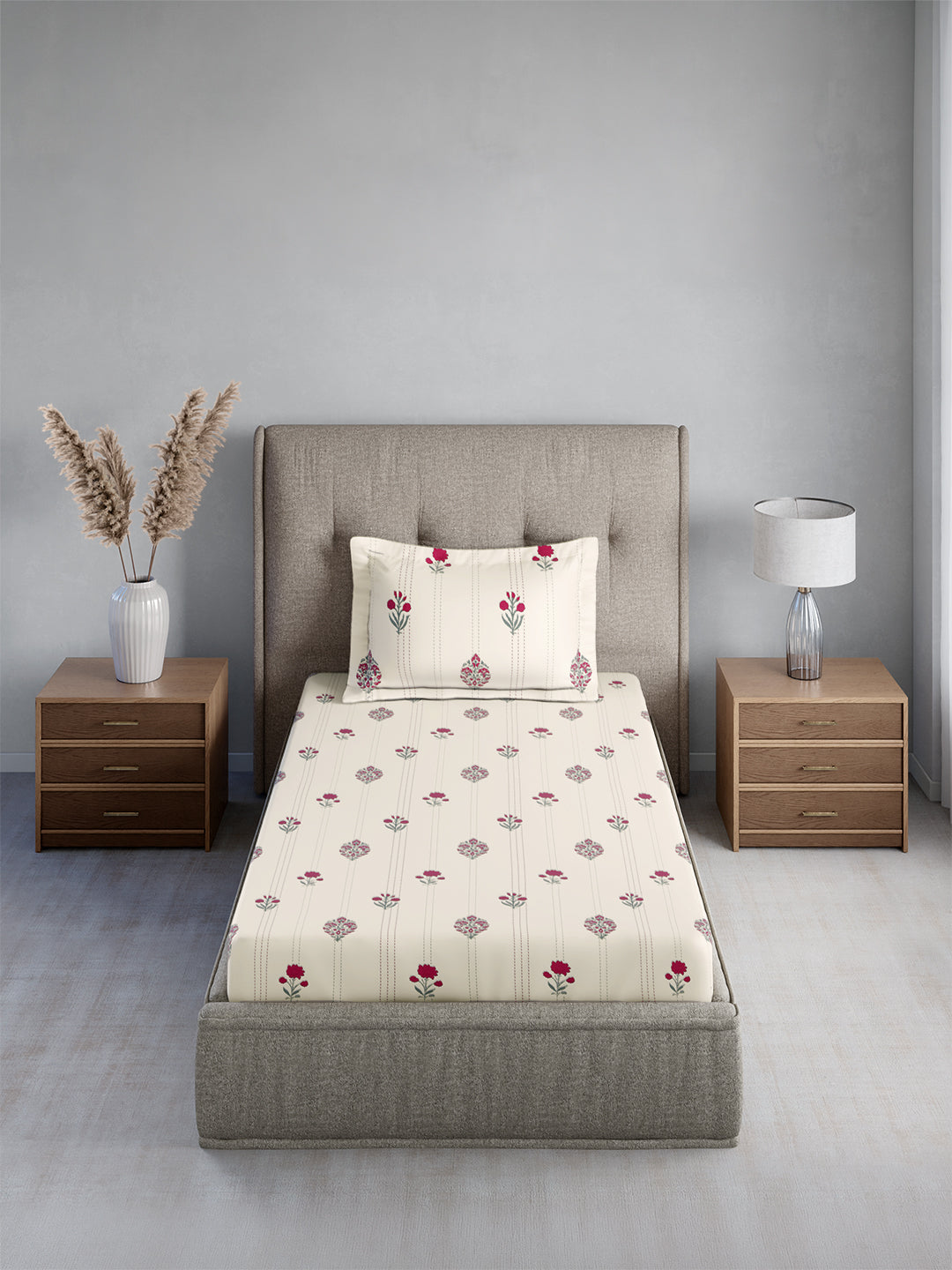 Cottage Garden 100% Cotton Single Bedsheet with 1 Pillow Cover | 300 TC White & Pink Floral Bedsheet Set