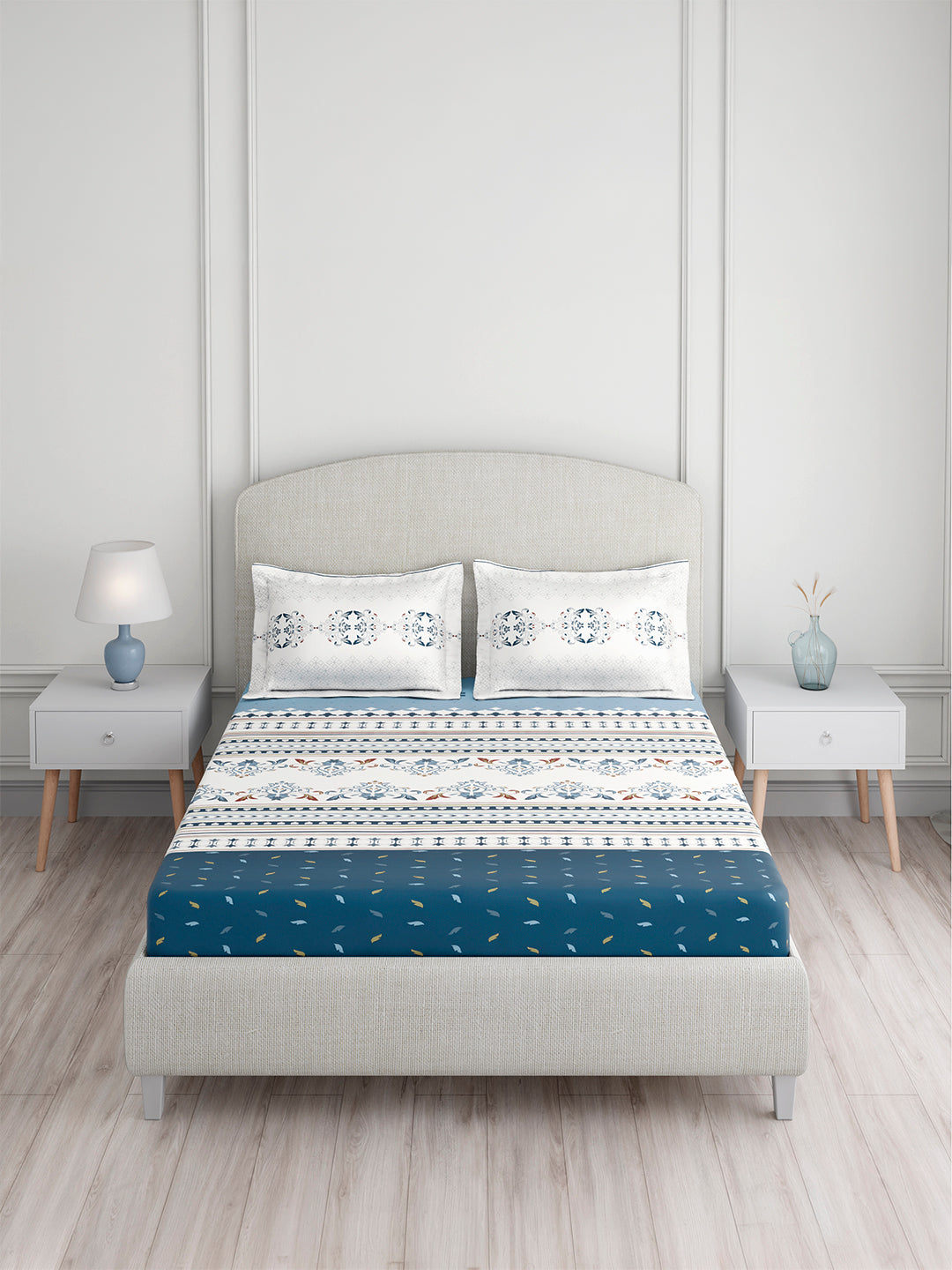 Valatia Tarang 100% Cotton King Bedsheet with 2 Pillow Covers | 200 TC Blue Ethnic Print Bedsheet Set