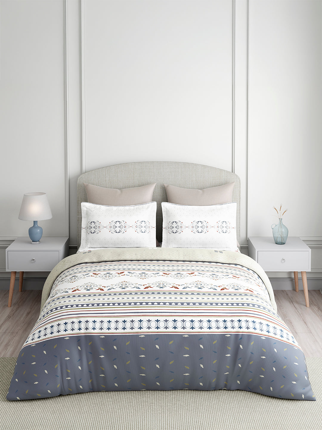 Valatia Tarang 100% Cotton King Bedsheet with 2 Pillow Covers | 200 TC Grey Ethnic Print Bedsheet Set