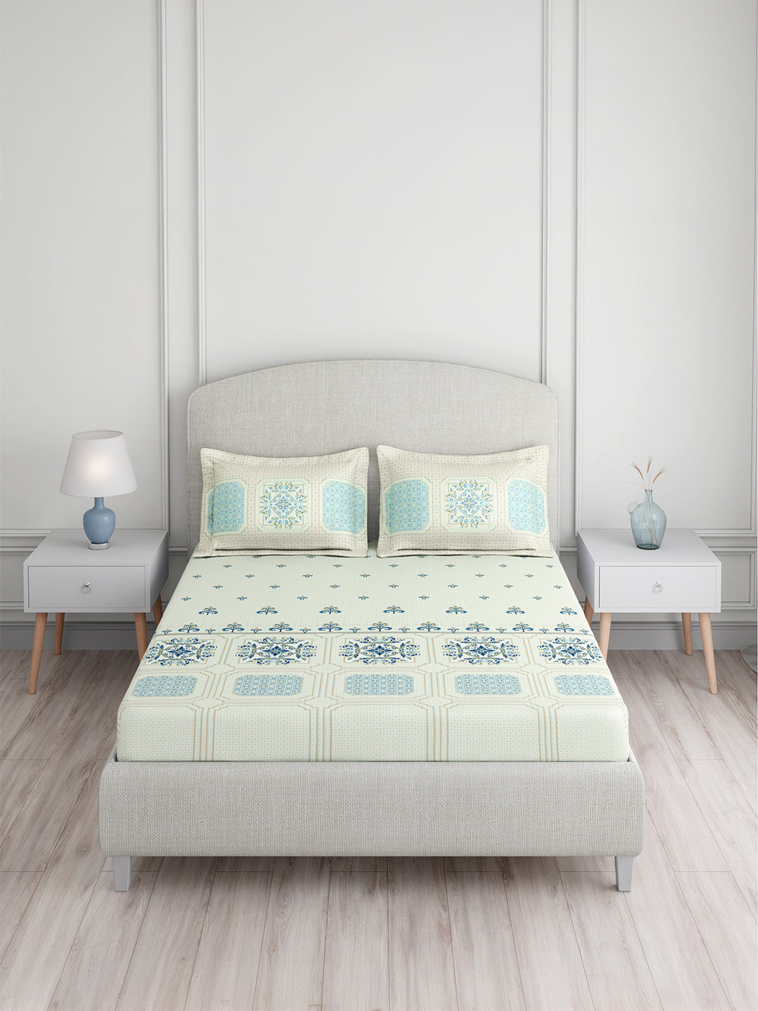 Valatia Tarang 100% Cotton King Bedsheet with 2 Pillow Covers | 200 TC Blue Ethnic Print Bedsheet Set