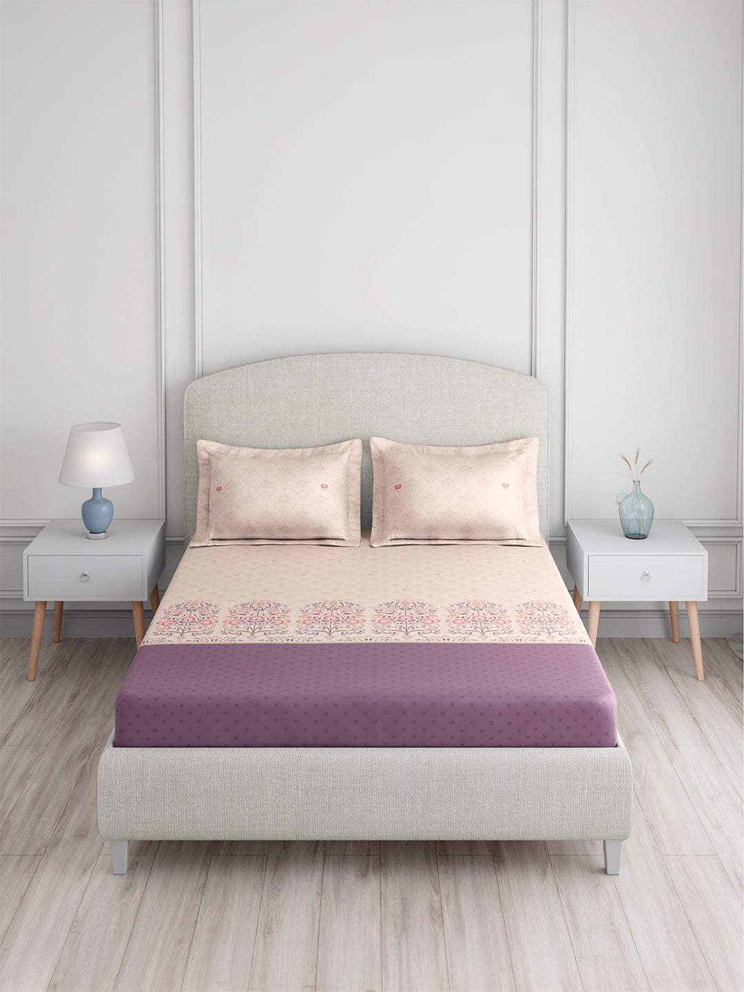 Valatia Tarang 100% Cotton King Bedsheet with 2 Pillow Covers | 200 TC Purple Ethnic Print Bedsheet Set