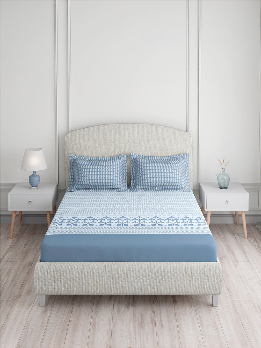 Valatia 100% Cotton 200 TC King Bedsheet with 2 Pillow Covers | Blue Floral Bedsheet Set