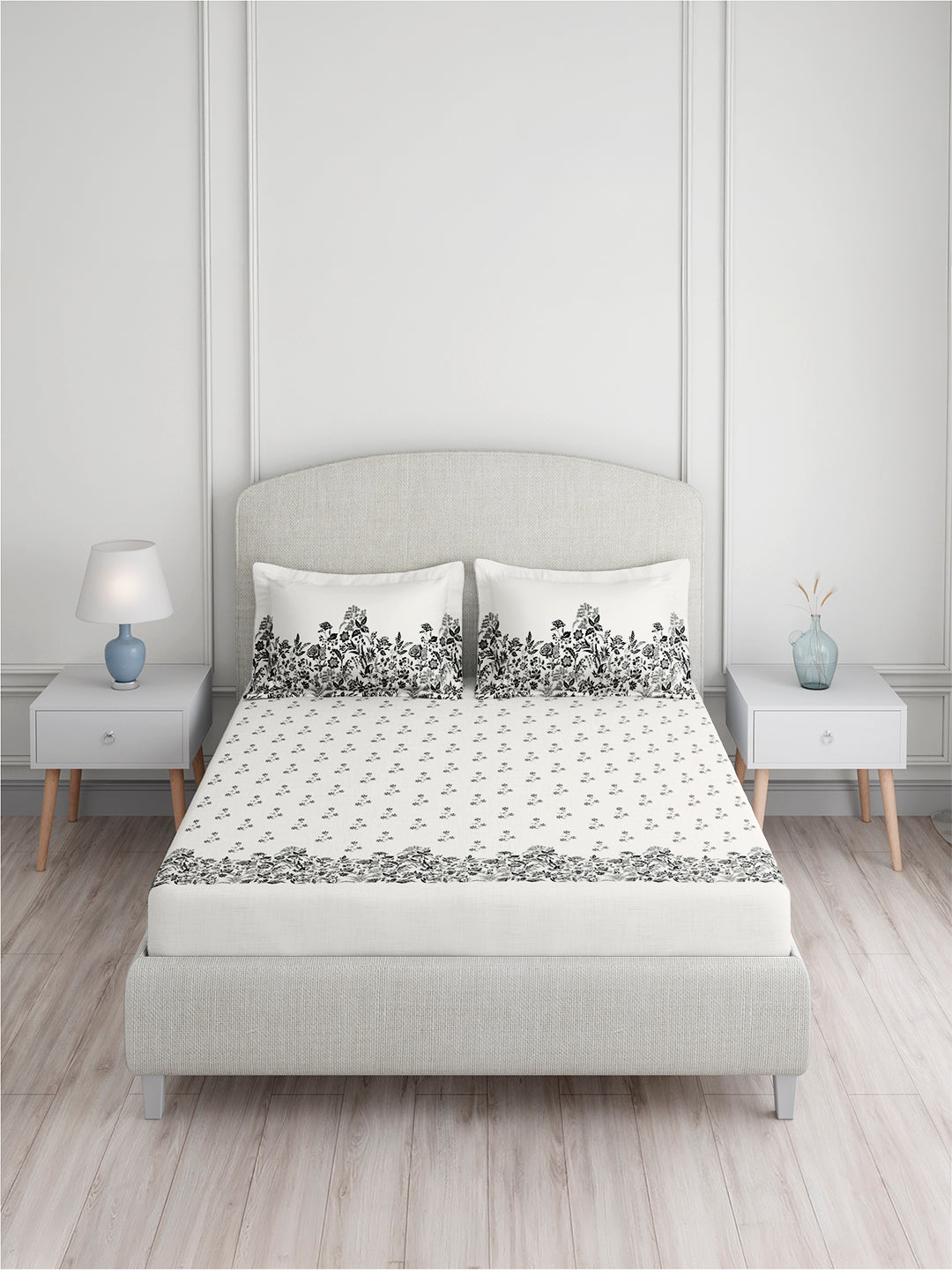 Valatia 100% Cotton 200 TC King Bedsheet with 2 Pillow Covers | White Floral Bedsheet Set