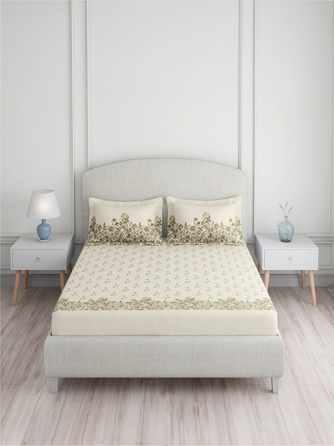 Valatia 100% Cotton 200 TC King Bedsheet with 2 Pillow Covers | Cream Floral Bedsheet Set