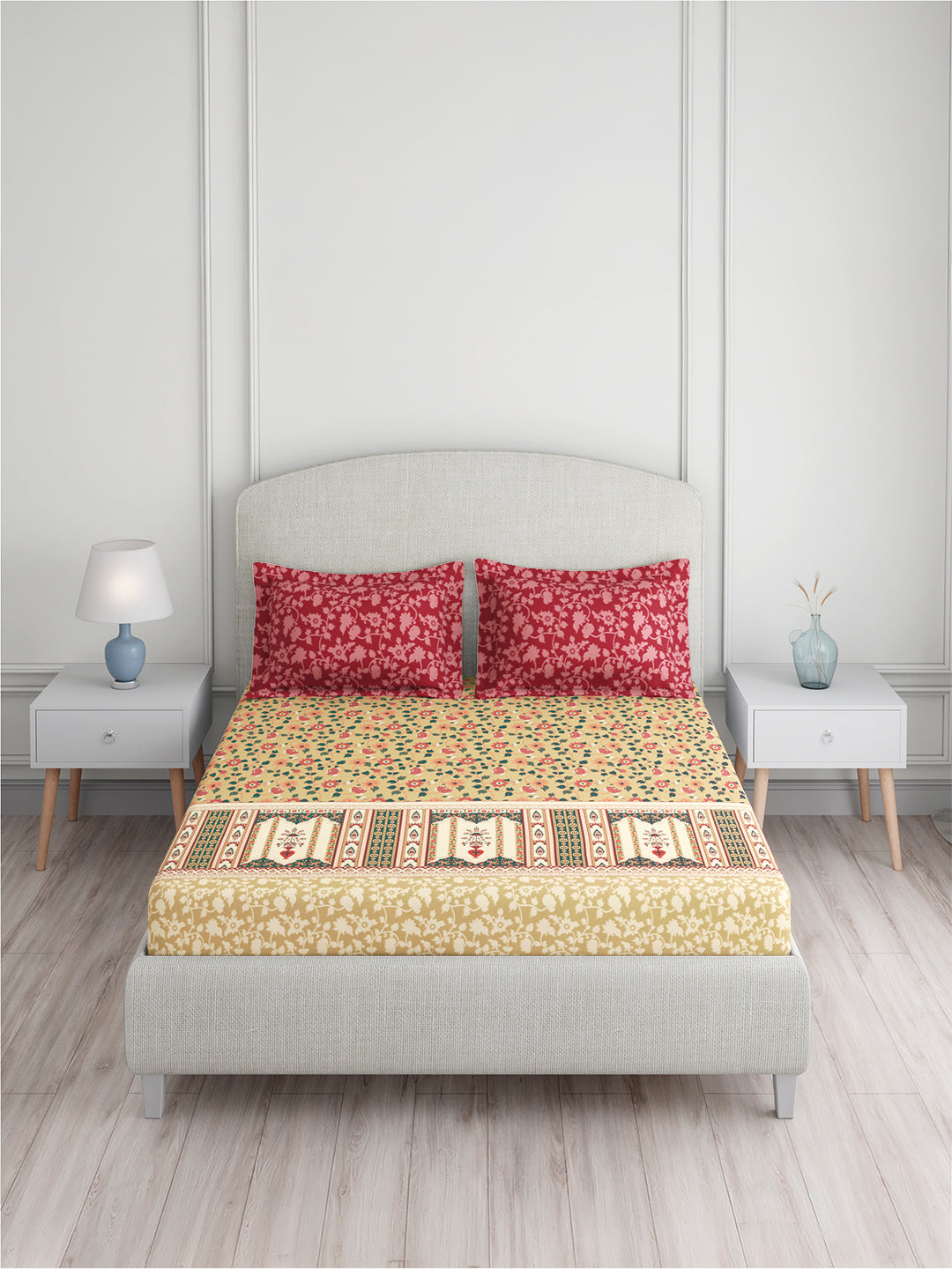 Valatia 100% Cotton 200 TC King Bedsheet with 2 Pillow Covers | Pink & Beige Floral Bedsheet Set