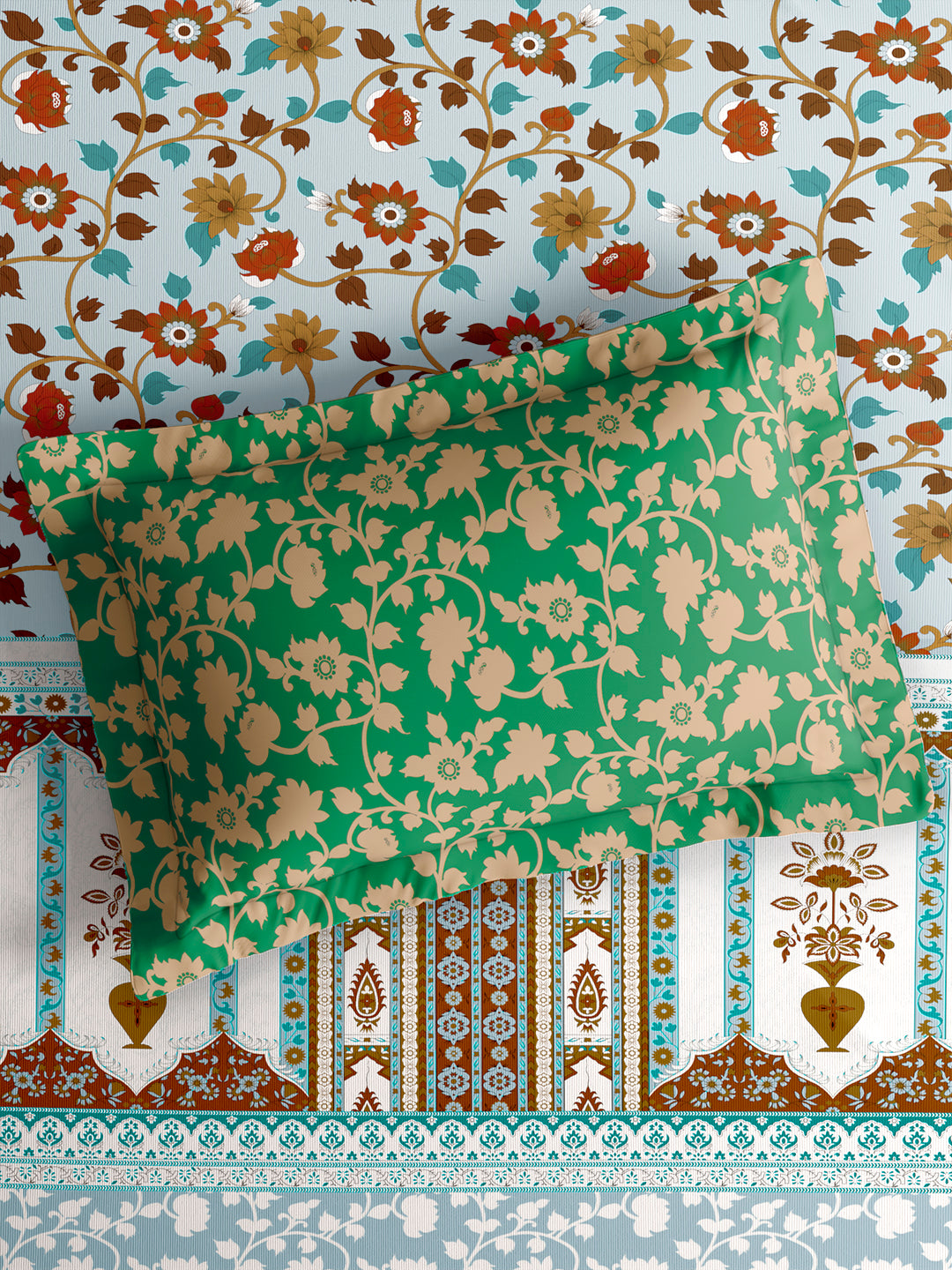 Valatia 100% Cotton 200 TC King Bedsheet with 2 Pillow Covers | Blue & Green Floral Bedsheet Set
