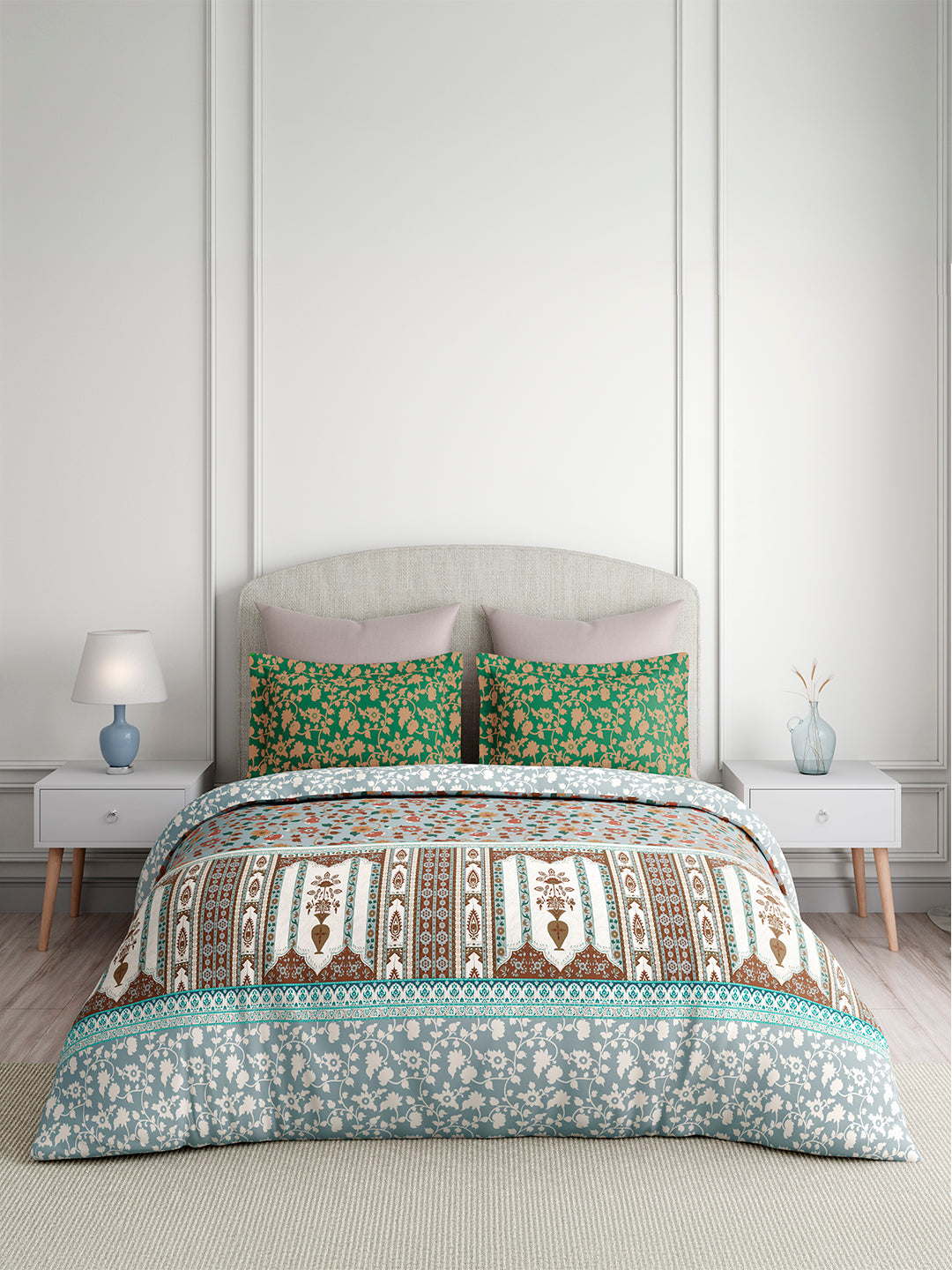 Valatia 100% Cotton 200 TC King Bedsheet with 2 Pillow Covers | Blue & Green Floral Bedsheet Set