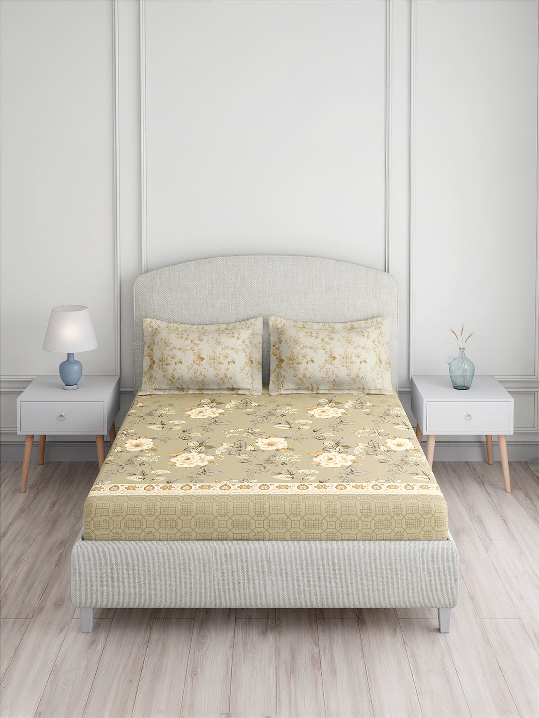 Valatia 100% Cotton 200 TC King Bedsheet with 2 Pillow Covers | Grey & Beige Floral Bedsheet Set