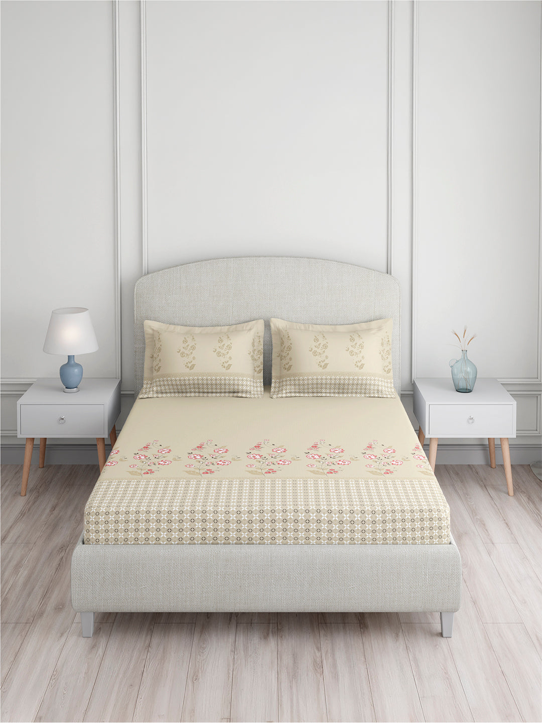 Valatia 100% Cotton 200 TC King Bedsheet with 2 Pillow Covers | Beige & Pink Floral Bedsheet Set