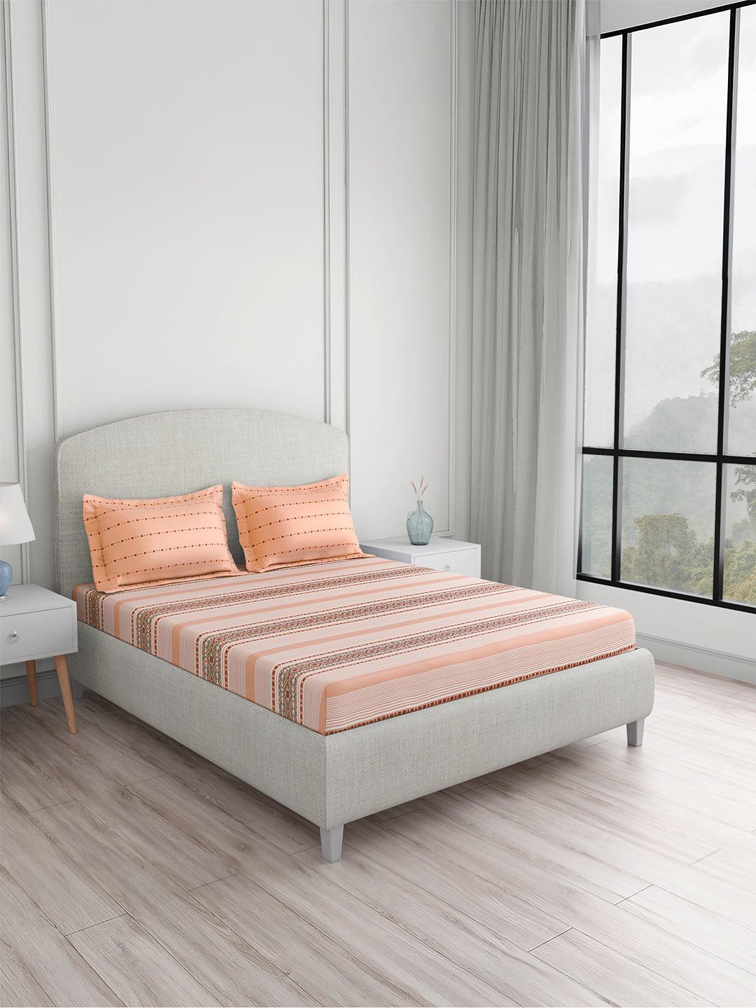 Valatia 100% Cotton King Bedsheet with 2 Pillow Covers | 200 TC Peach Geometrical Bedsheet Set