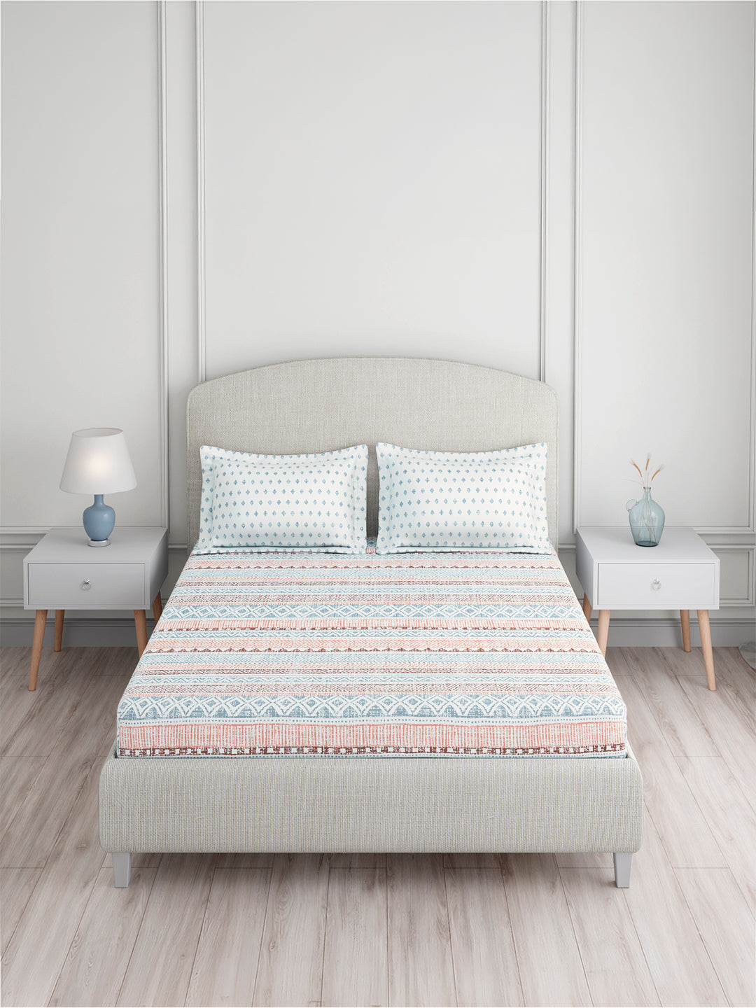 Valatia 100% Cotton King Bedsheet with 2 Pillow Covers | 200 TC Blue Geometrical Bedsheet Set