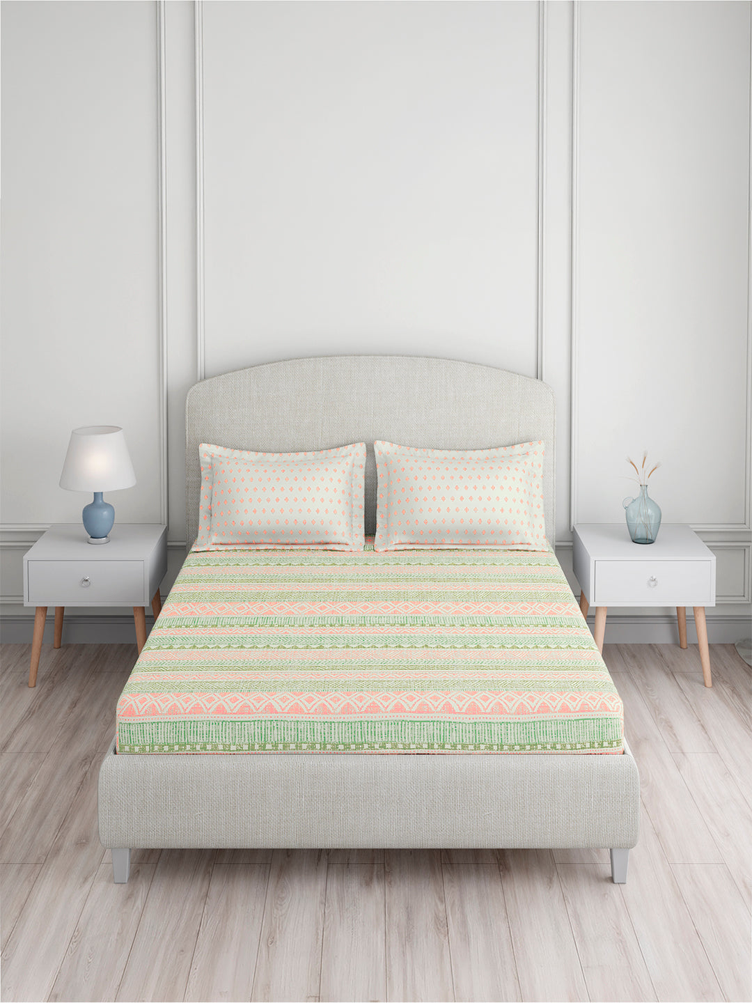 Valatia 100% Cotton King Bedsheet with 2 Pillow Covers | 200 TC Green Geometrical Bedsheet Set