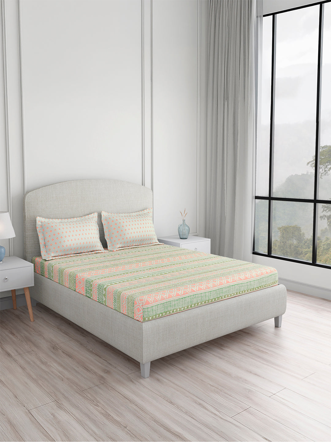 Valatia 100% Cotton King Bedsheet with 2 Pillow Covers | 200 TC Green Geometrical Bedsheet Set