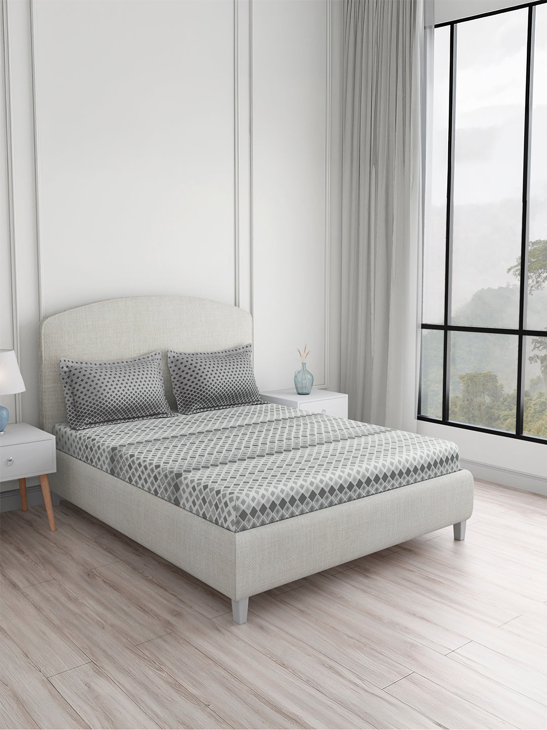 Valatia 100% Cotton King Bedsheet with 2 Pillow Covers | 200 TC Grey Geometrical Bedsheet Set