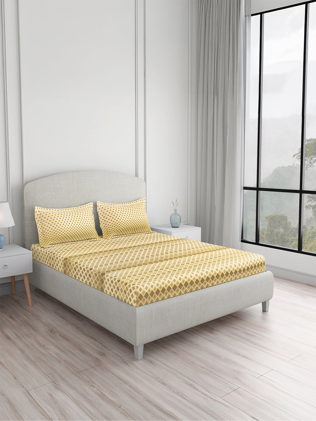 Valatia 100% Cotton King Bedsheet with 2 Pillow Covers | 200 TC Yellow Geometrical Bedsheet Set