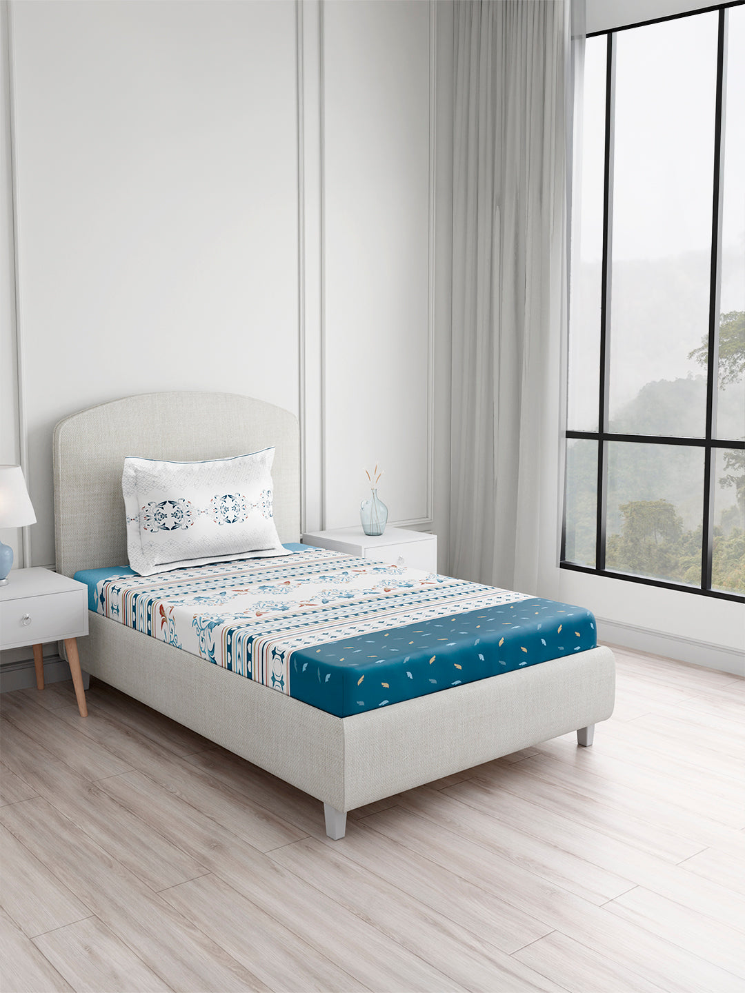 Valatia Tarang 100% Cotton Single Bedsheet with 1 Pillow Cover | 200 TC Blue Ethnic Print Bedsheet Set