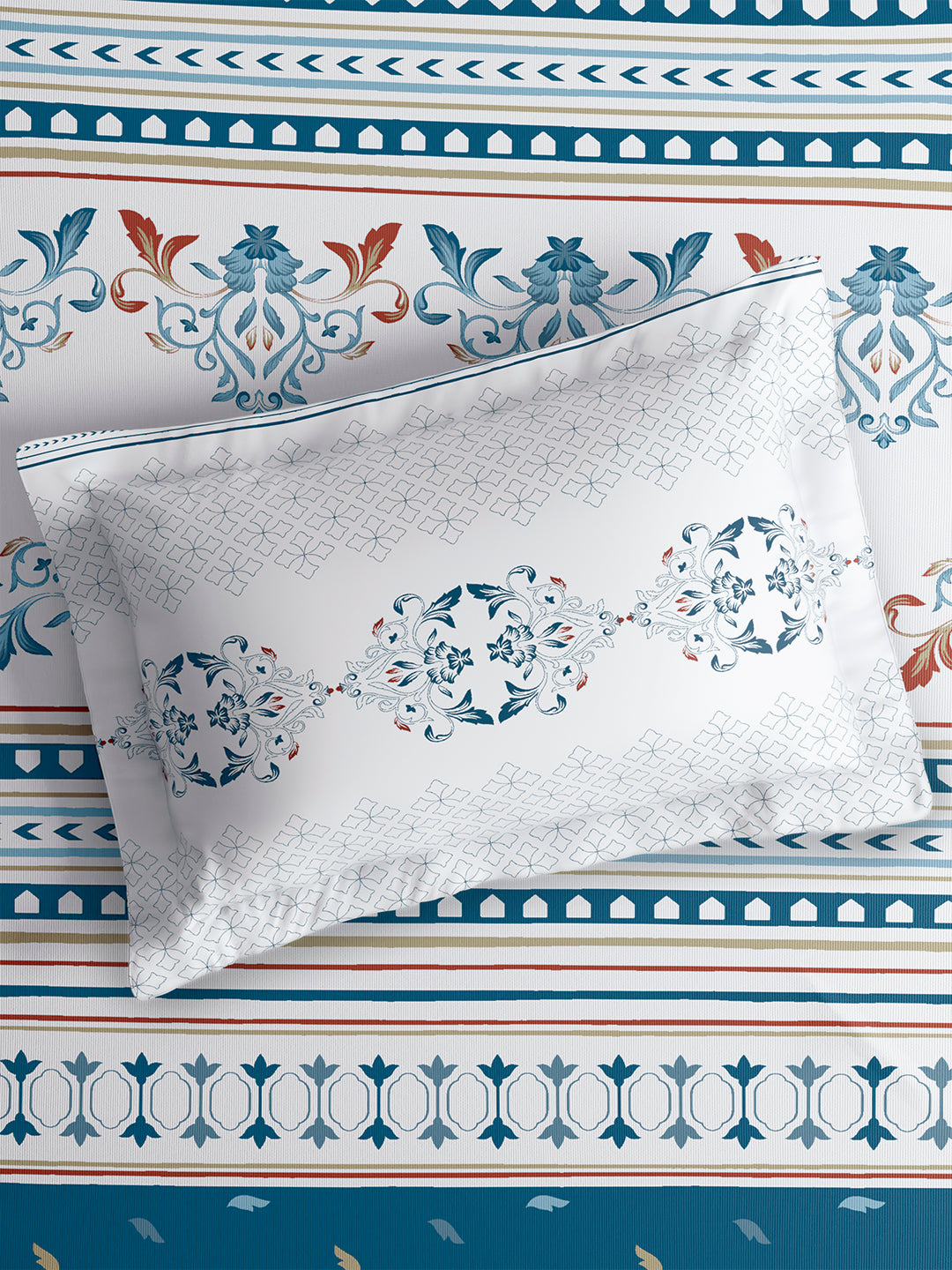 Valatia Tarang 100% Cotton Single Bedsheet with 1 Pillow Cover | 200 TC Blue Ethnic Print Bedsheet Set