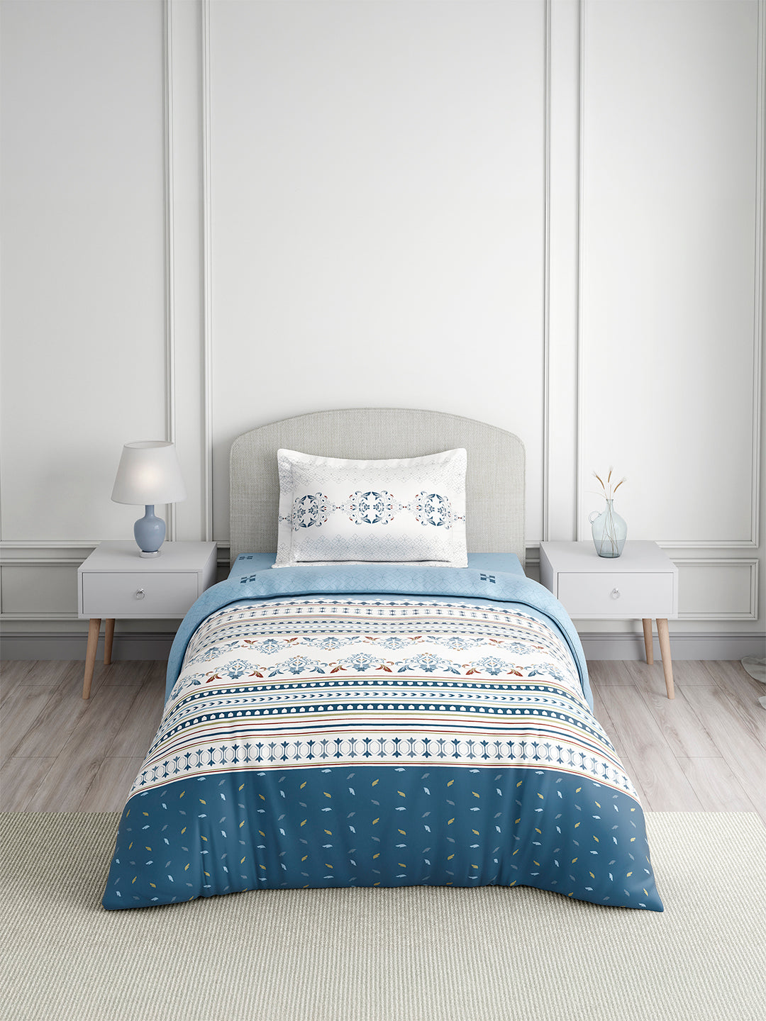 Valatia Tarang 100% Cotton Single Bedsheet with 1 Pillow Cover | 200 TC Blue Ethnic Print Bedsheet Set