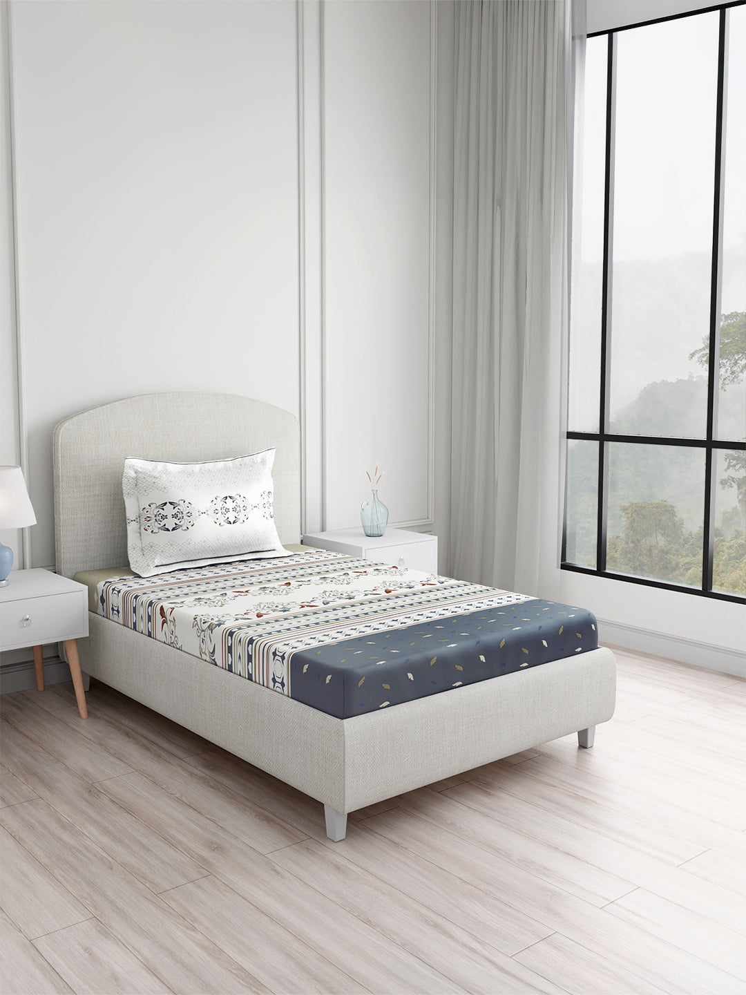 Valatia Tarang 100% Cotton Single Bedsheet with 1 Pillow Cover | 200 TC Grey Ethnic Print Bedsheet Set