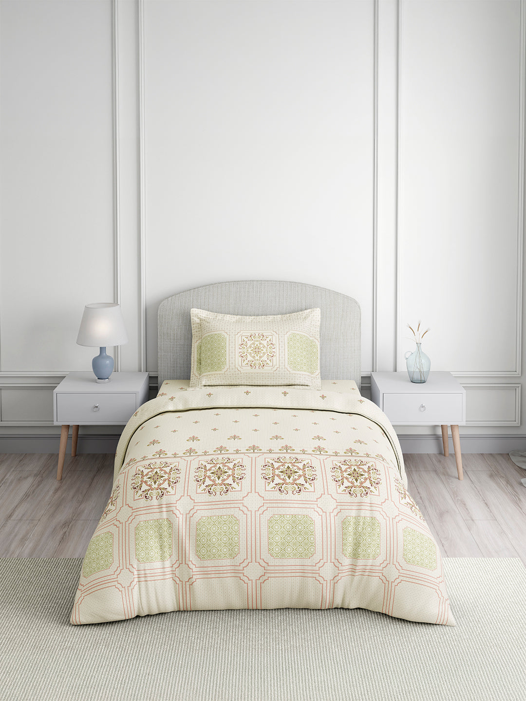 Valatia Tarang 100% Cotton Single Bedsheet with 1 Pillow Cover | 200 TC Green Ethnic Print Bedsheet Set