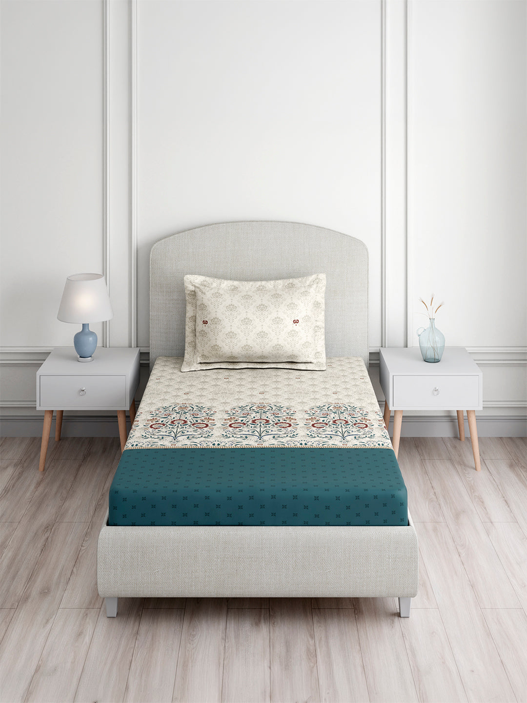 Valatia Tarang 100% Cotton Single Bedsheet with 1 Pillow Cover | 200 TC Blue Ethnic Print Bedsheet Set