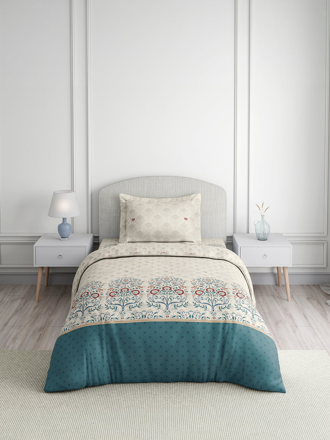 Valatia Tarang 100% Cotton Single Bedsheet with 1 Pillow Cover | 200 TC Blue Ethnic Print Bedsheet Set