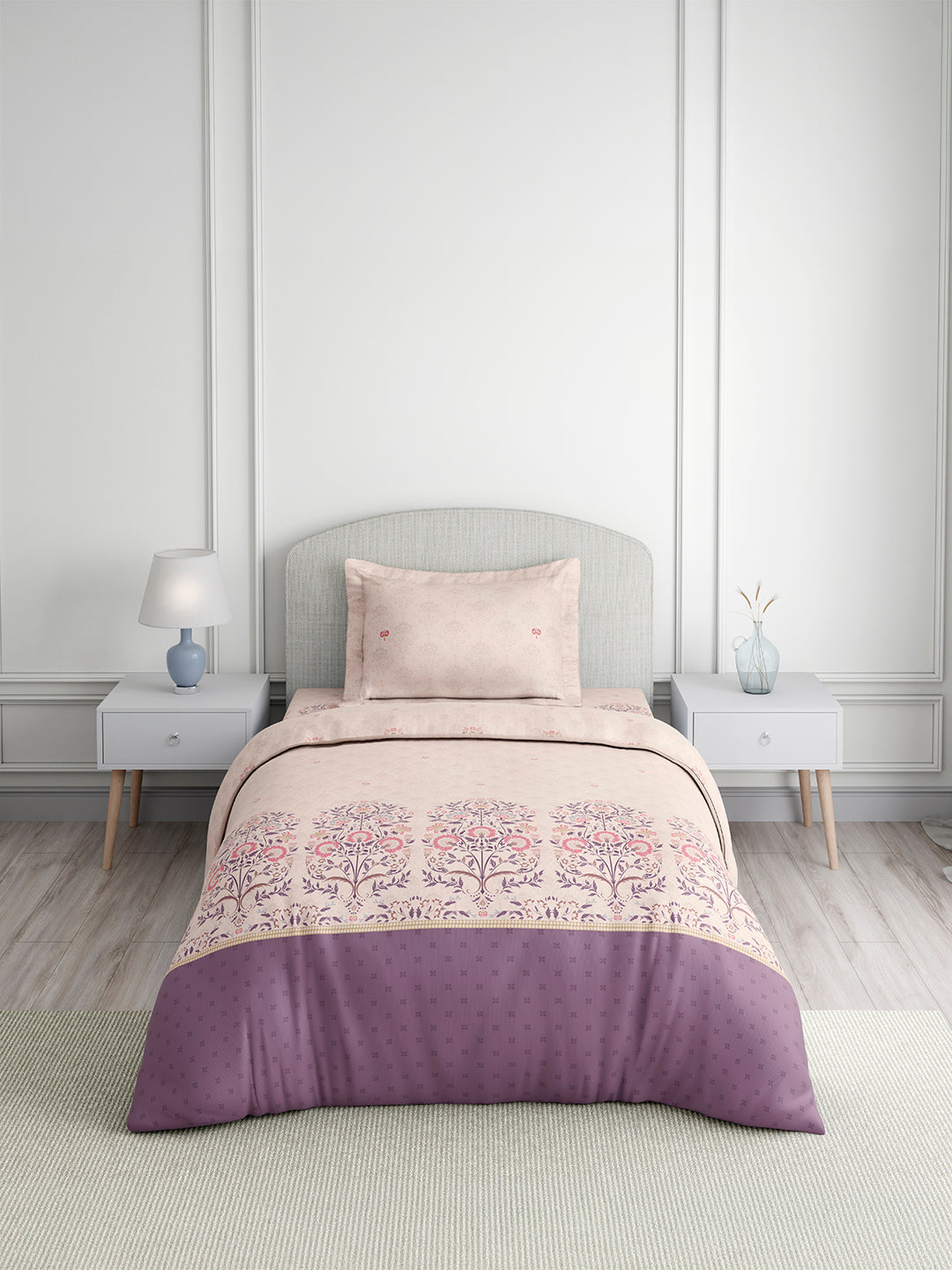 Valatia Tarang 100% Cotton Single Bedsheet with 1 Pillow Cover | 200 TC Purple Ethnic Print Bedsheet Set