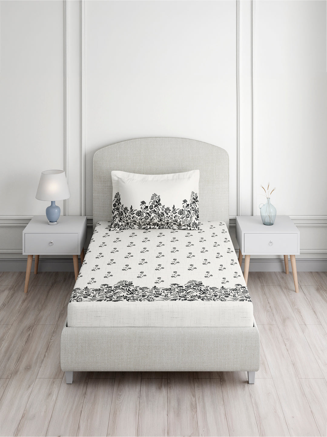 Valatia 100% Cotton Single Bedsheet with 1 Pillow Cover | 200 TC White Floral Bedsheet Set