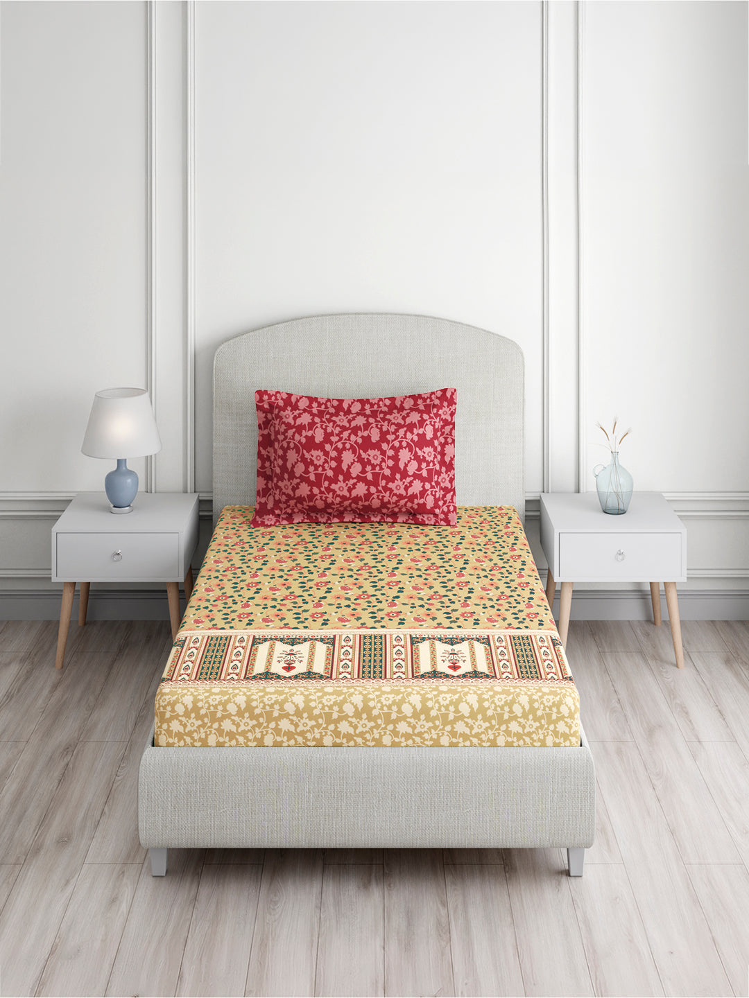 Valatia 100% Cotton Single Bedsheet with 1 Pillow Cover | 200 TC Pink & Beige Floral Bedsheet Set