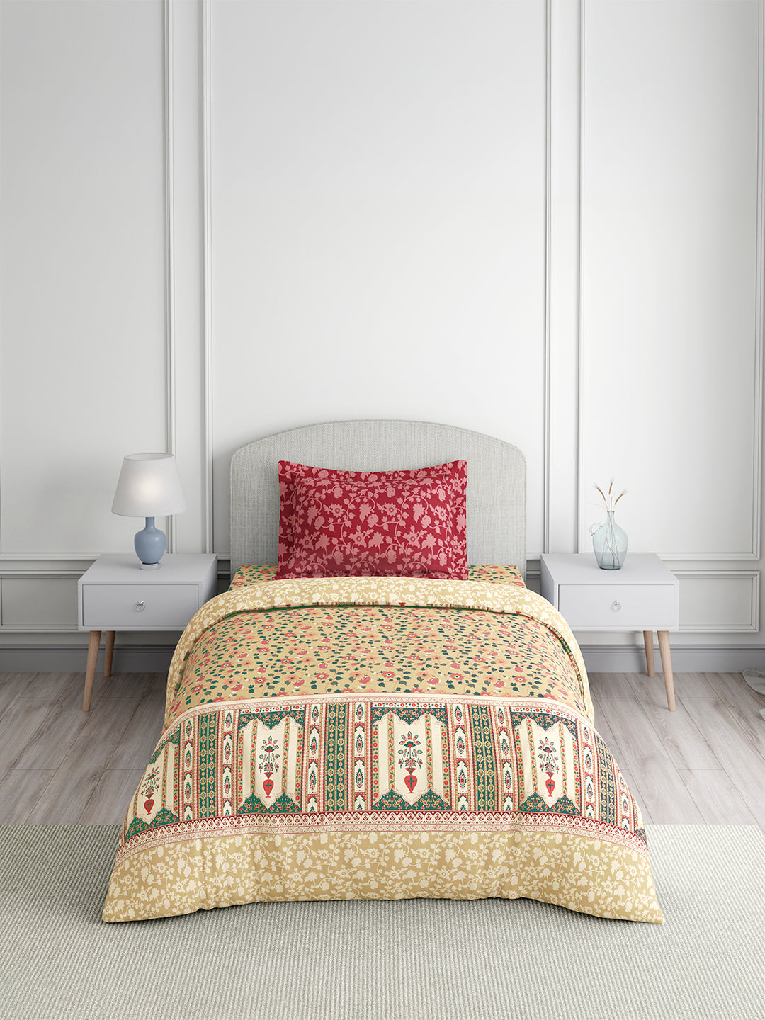 Valatia 100% Cotton Single Bedsheet with 1 Pillow Cover | 200 TC Pink & Beige Floral Bedsheet Set