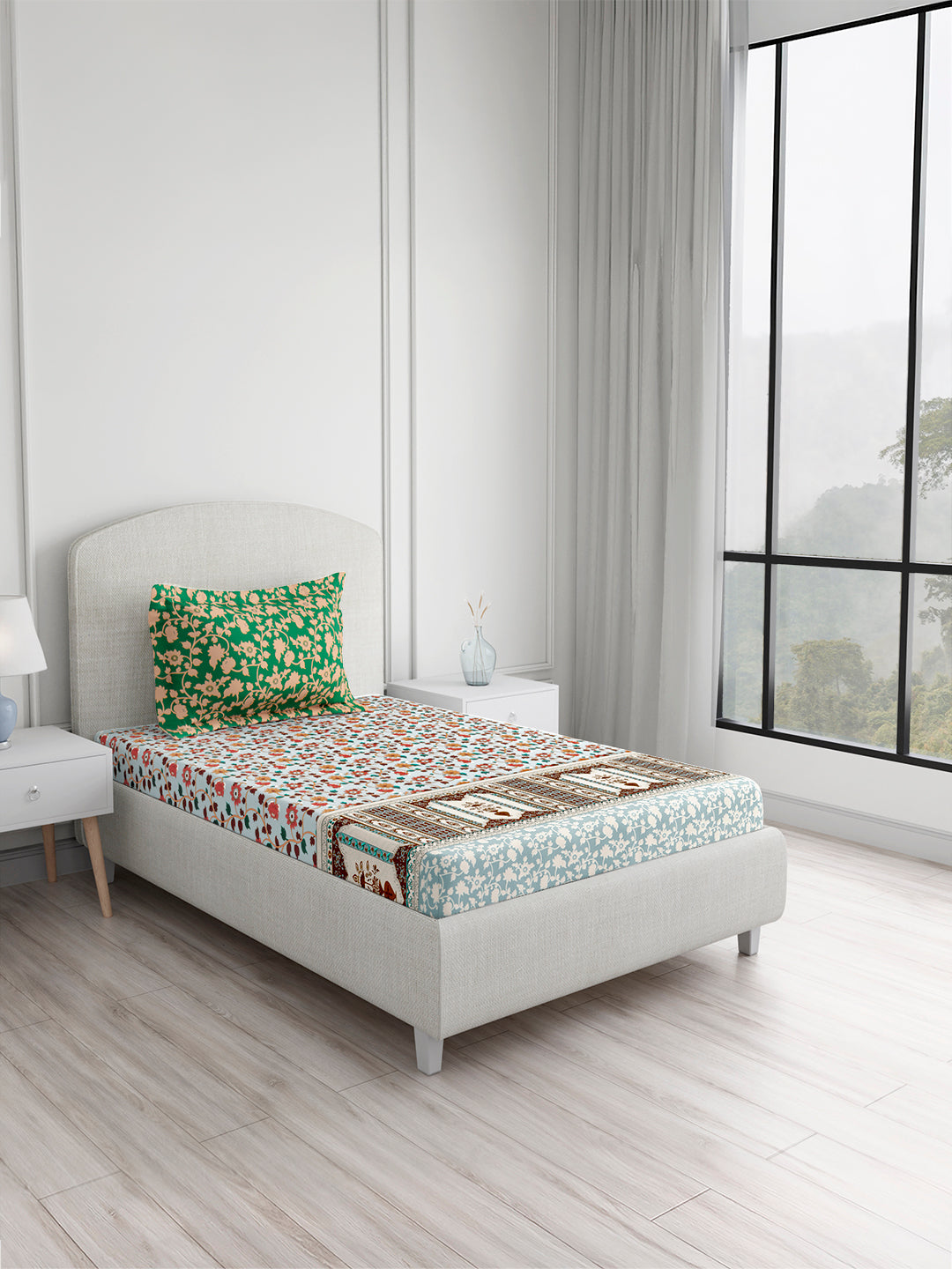 Valatia 100% Cotton Single Bedsheet with 1 Pillow Cover | 200 TC Blue & Green Floral Bedsheet Set