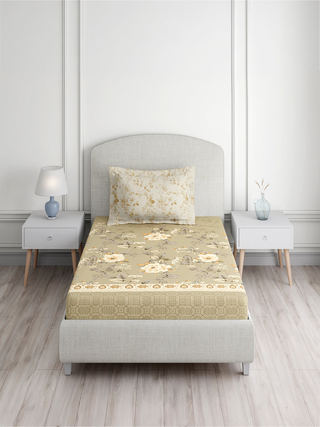 Valatia 100% Cotton Single Bedsheet with 1 Pillow Cover | 200 TC Grey & Beige Floral Bedsheet Set