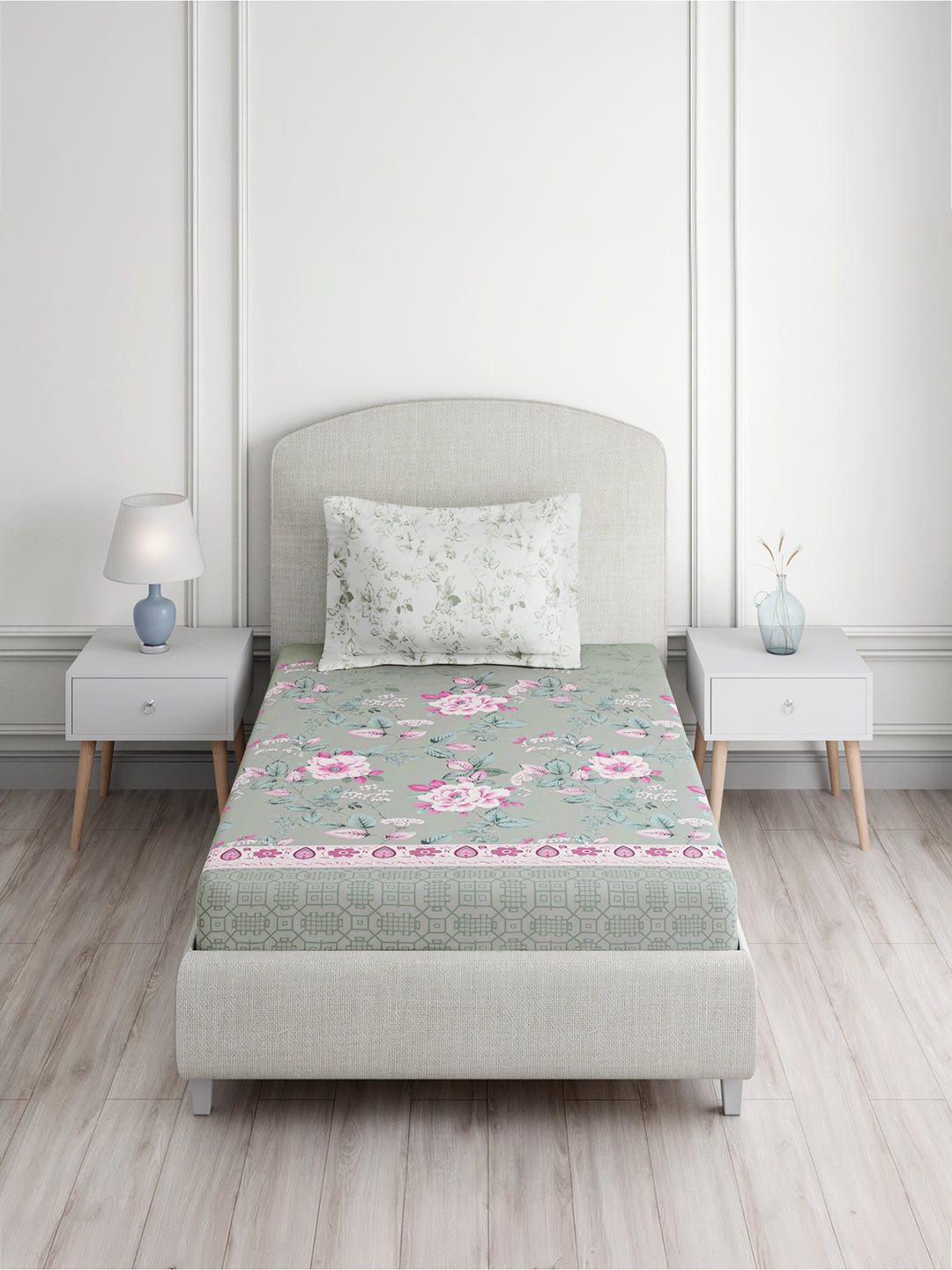 Valatia 100% Cotton Single Bedsheet with 1 Pillow Cover | 200 TC Grey & Pink Floral Bedsheet Set