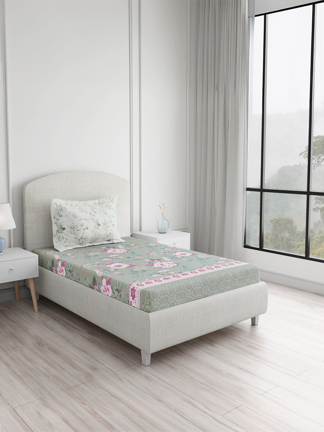 Valatia 100% Cotton Single Bedsheet with 1 Pillow Cover | 200 TC Grey & Pink Floral Bedsheet Set