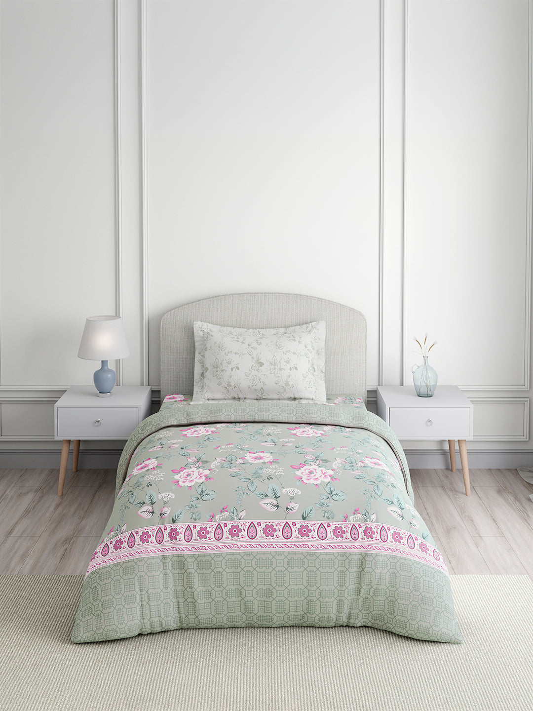 Valatia 100% Cotton Single Bedsheet with 1 Pillow Cover | 200 TC Grey & Pink Floral Bedsheet Set