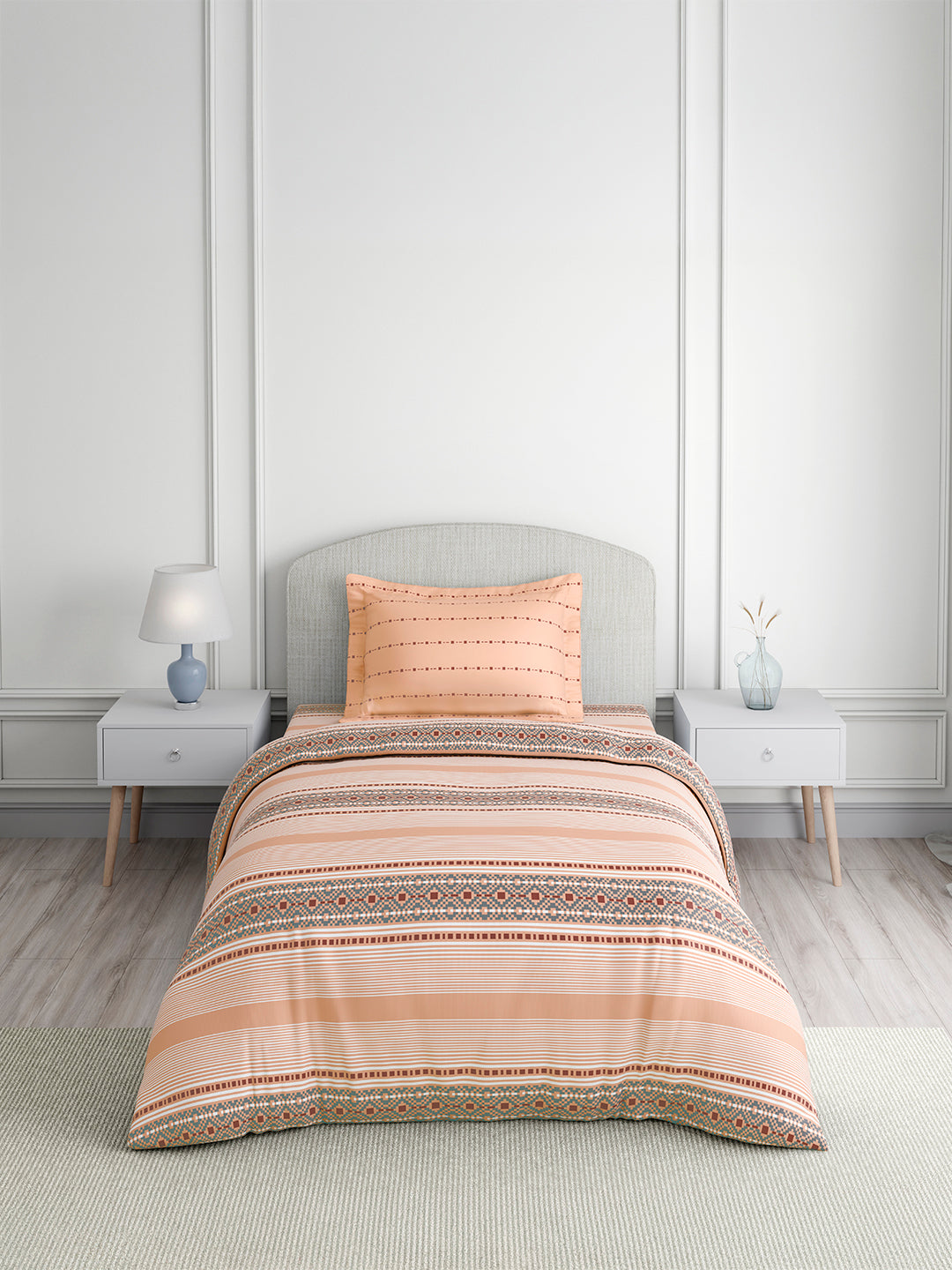 Valatia 100% Cotton Single Bedsheet with 1 Pillow Cover | Peach Geometrical 200 TC Bedsheet Set
