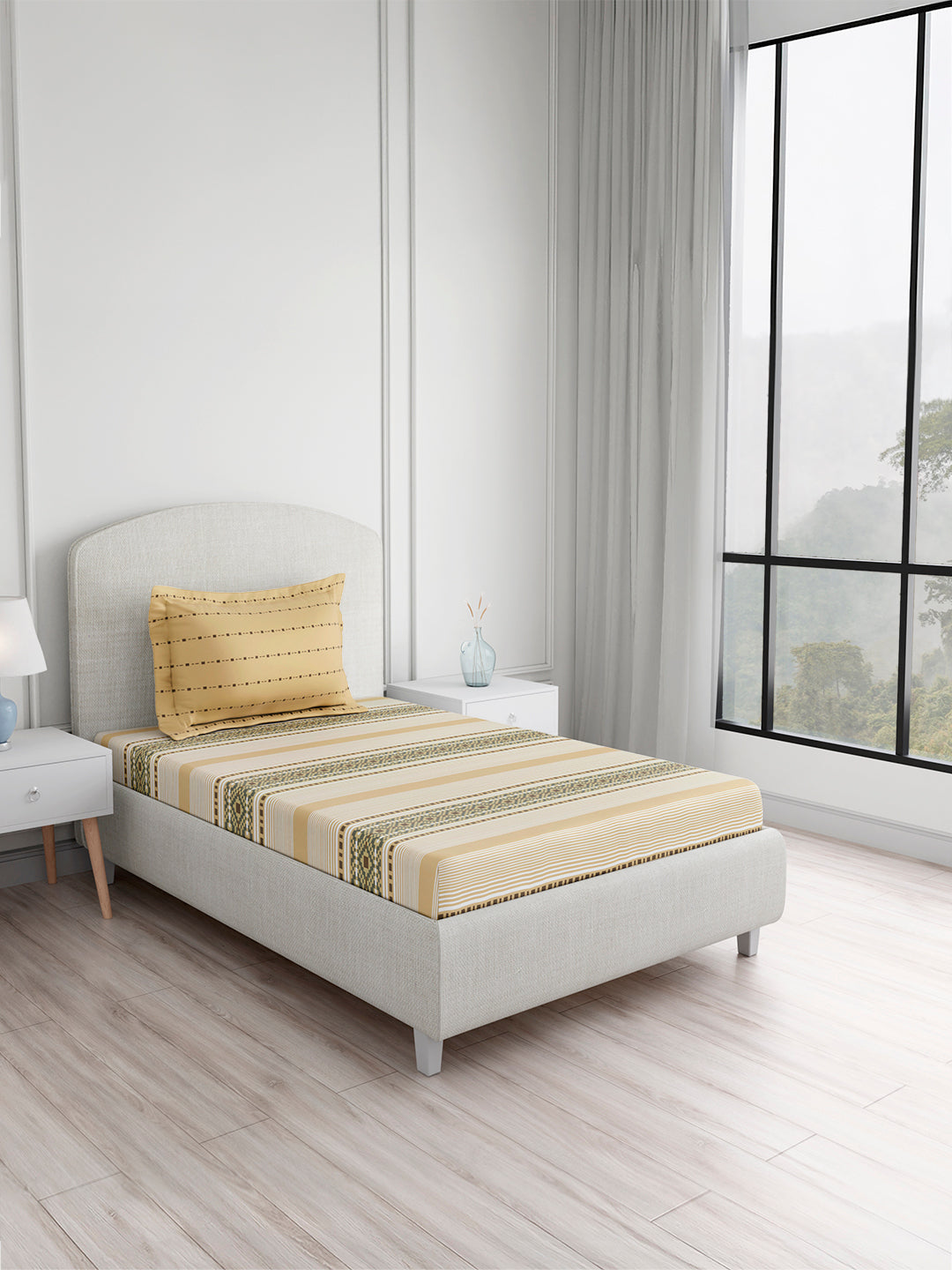 Valatia 100% Cotton Single Bedsheet with 1 Pillow Cover | Yellow Geometrical 200 TC Bedsheet Set