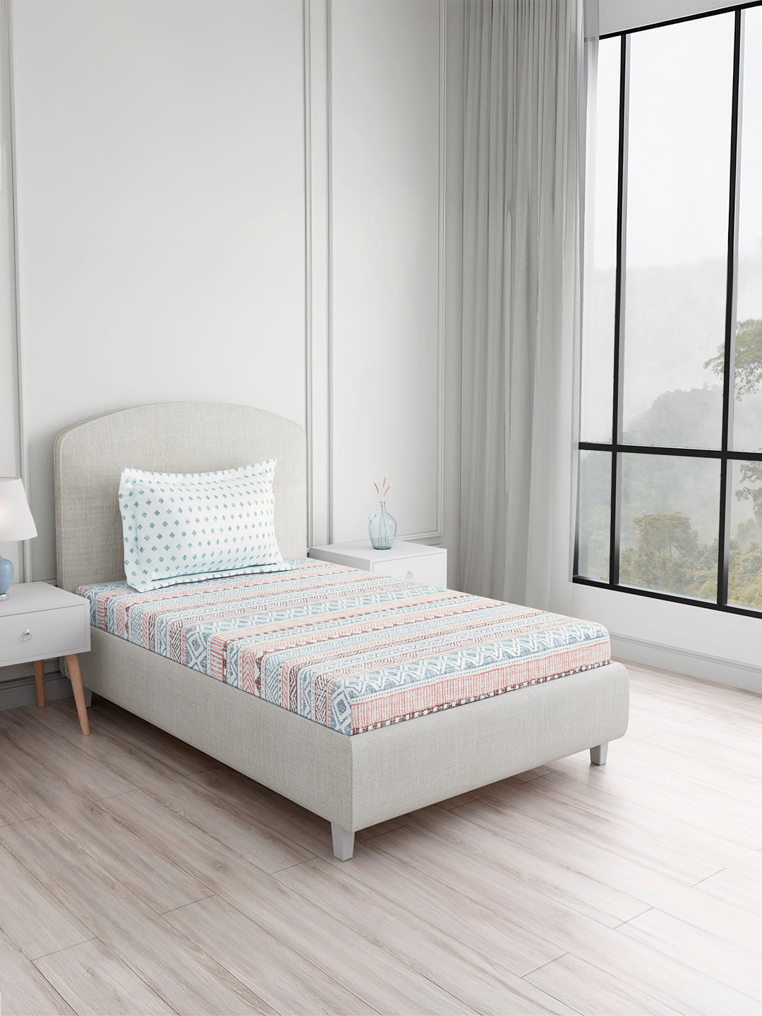 Valatia 100% Cotton Single Bedsheet with 1 Pillow Cover | Blue Geometrical 200 TC Bedsheet Set