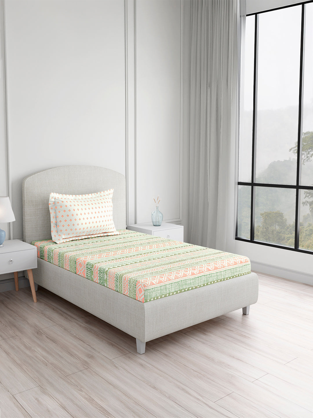 Valatia 100% Cotton Single Bedsheet with 1 Pillow Cover | Green Geometrical 200 TC Bedsheet Set