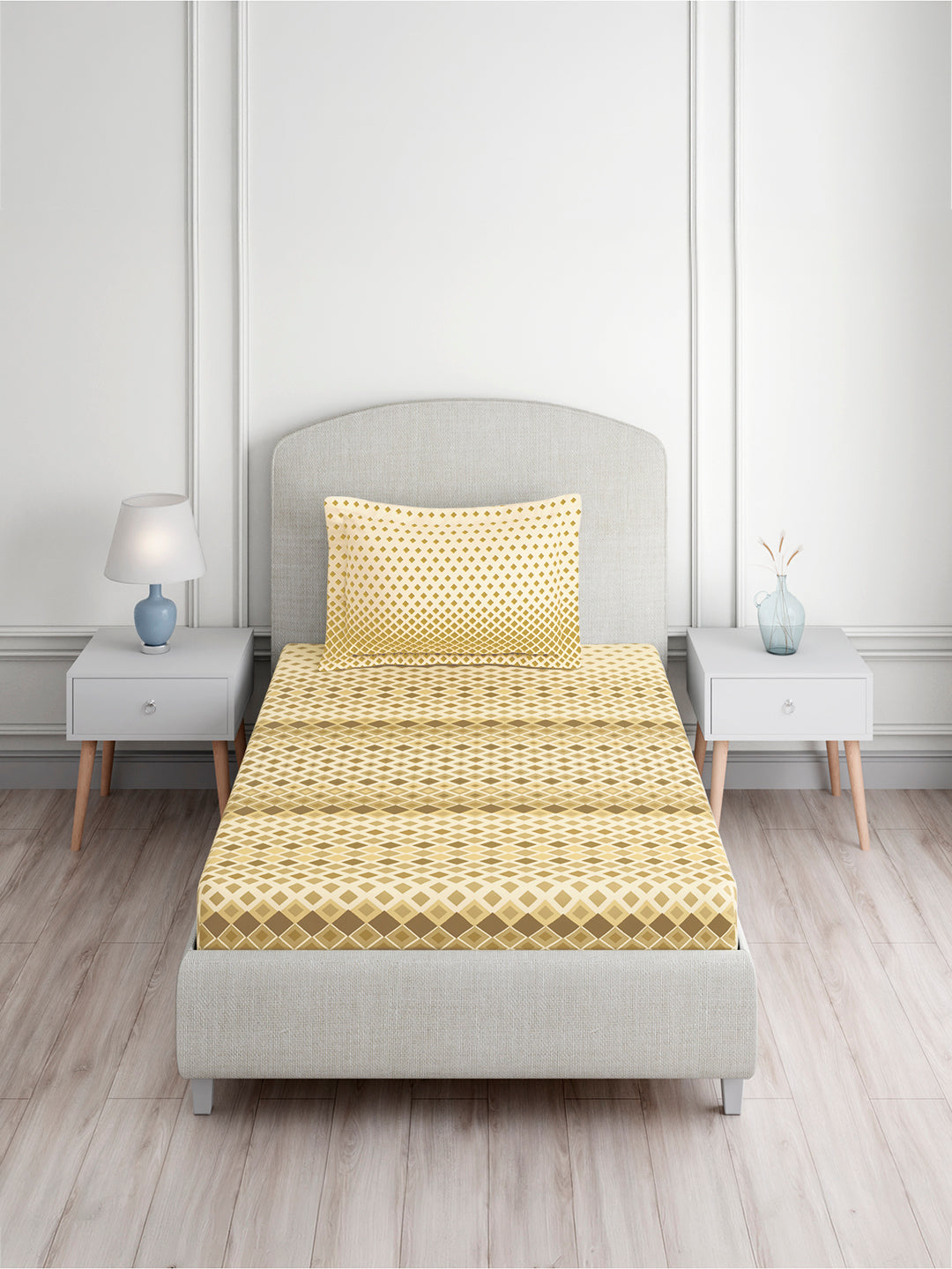 Valatia 100% Cotton Single Bedsheet with 1 Pillow Cover | Yellow Geometrical 200 TC Bedsheet Set