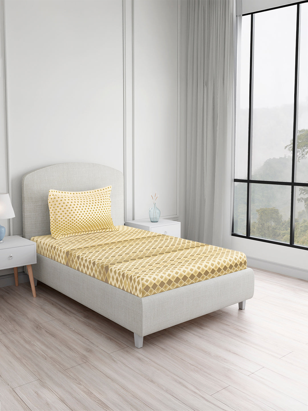 Valatia 100% Cotton Single Bedsheet with 1 Pillow Cover | Yellow Geometrical 200 TC Bedsheet Set