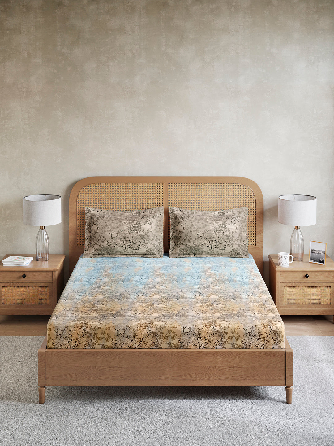 Vivara 100% Cotton King Bedsheet with 2 Pillow Covers | Blue & Grey Floral Digitally Printed Bedsheet Set