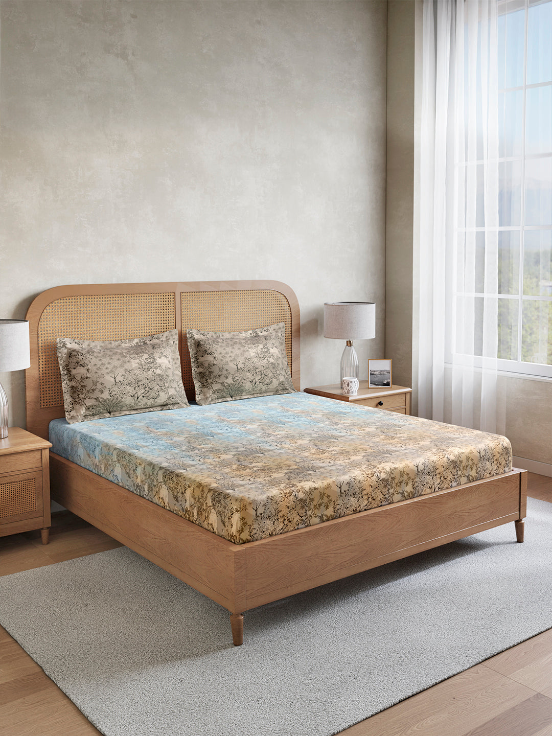 Vivara 100% Cotton King Bedsheet with 2 Pillow Covers | Blue & Grey Floral Digitally Printed Bedsheet Set