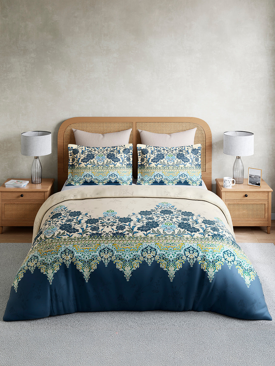 Vivara 100% Cotton King Bedsheet with 2 Pillow Covers | Blue & Beige Floral Digitally Printed Bedsheet Set