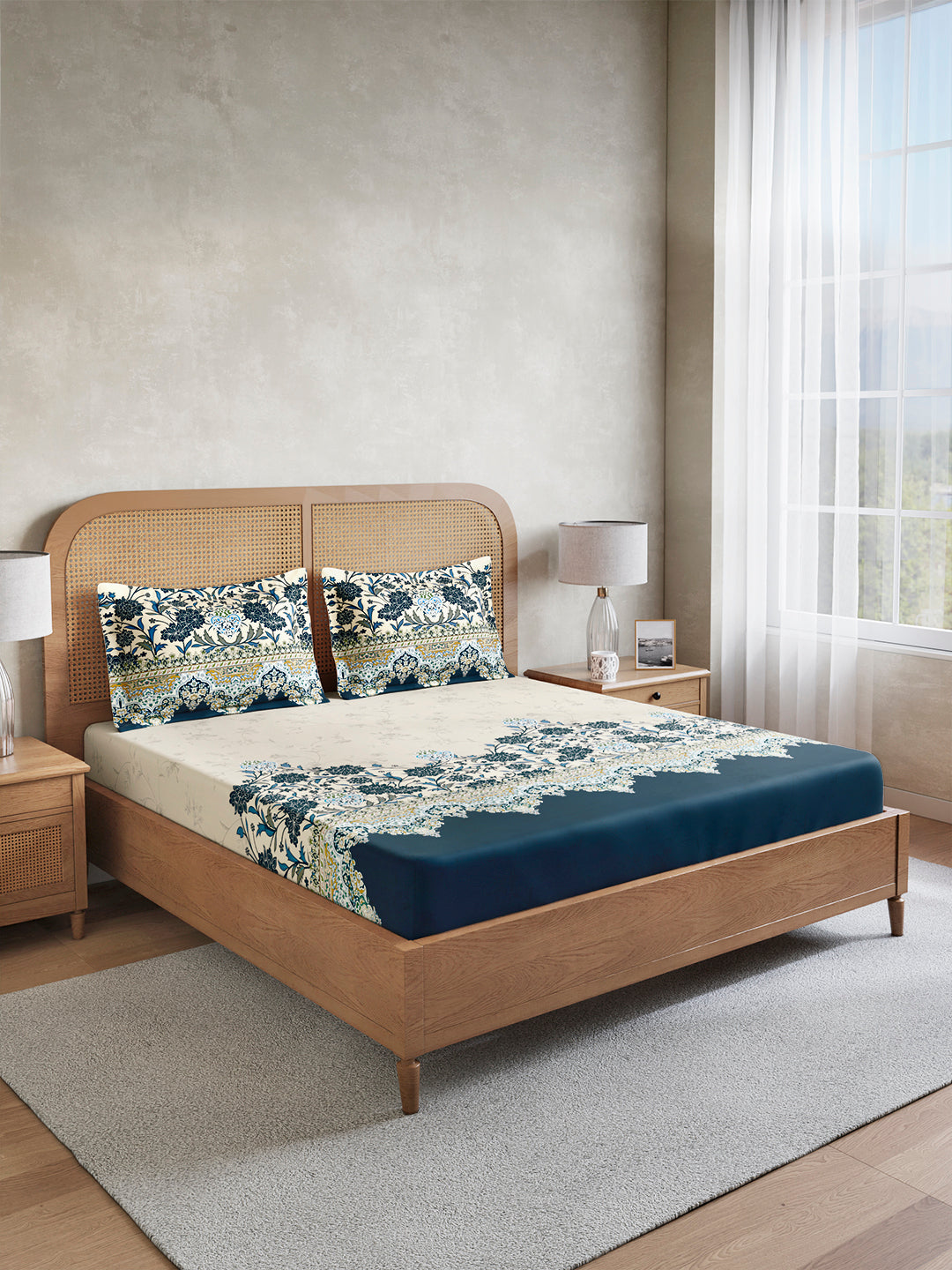 Vivara 100% Cotton King Bedsheet with 2 Pillow Covers | Blue & Beige Floral Digitally Printed Bedsheet Set
