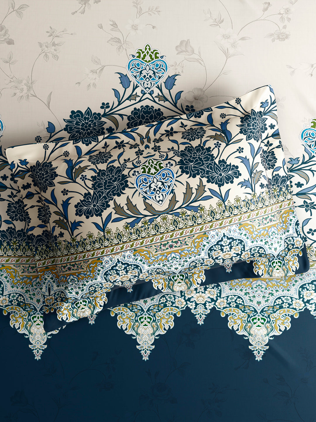Vivara 100% Cotton King Bedsheet with 2 Pillow Covers | Blue & Beige Floral Digitally Printed Bedsheet Set