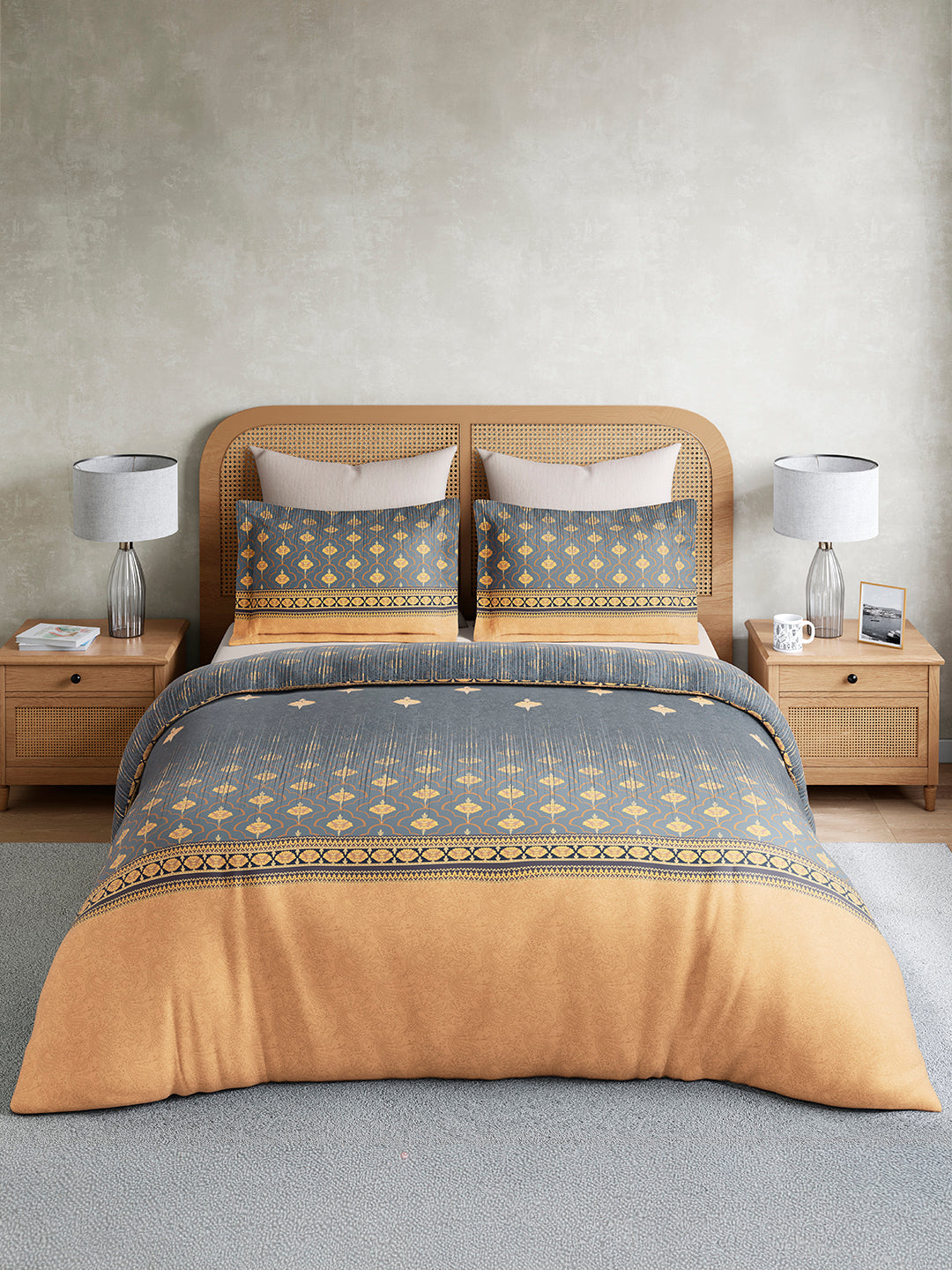 Vivara 100% Cotton King Bedsheet with 2 Pillow Covers | Grey & Yellow Floral Digitally Printed Bedsheet Set