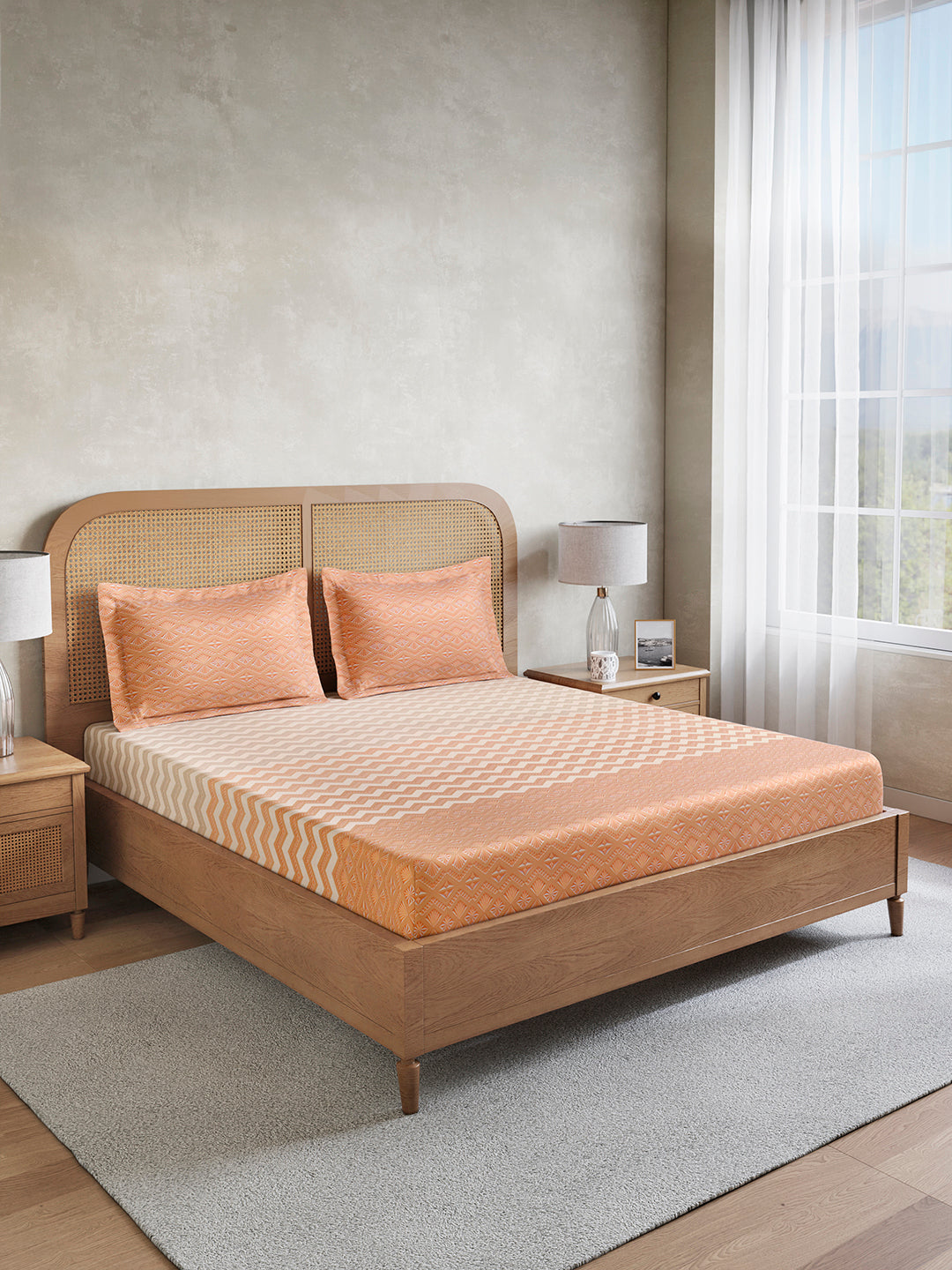 Vivara 100% Cotton King Bedsheet with 2 Pillow Covers | Orange Geometric Digitally Printed Bedsheet Set