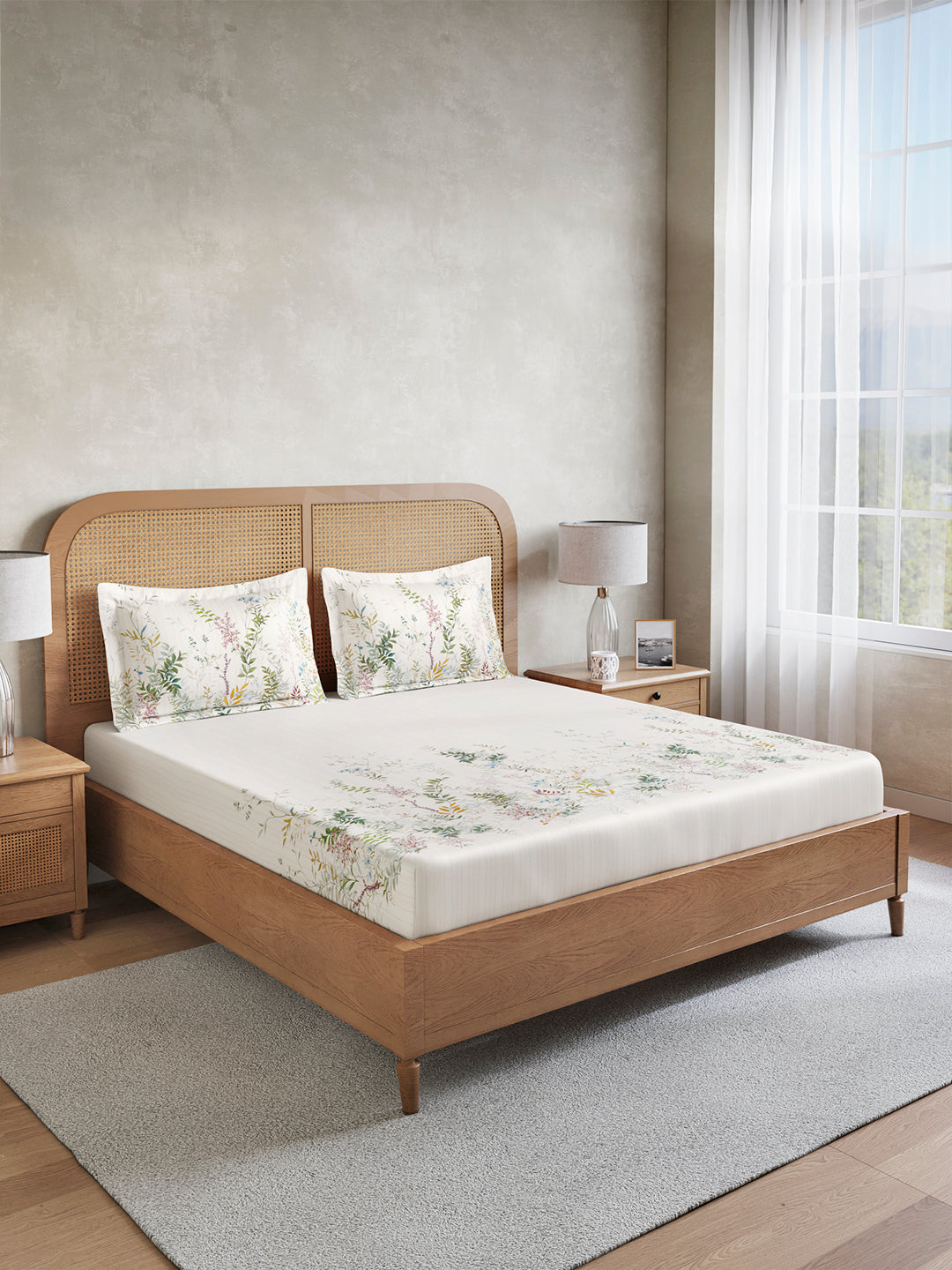 Vivara 100% Cotton King Bedsheet with 2 Pillow Covers | White Floral Digitally Printed Bedsheet Set
